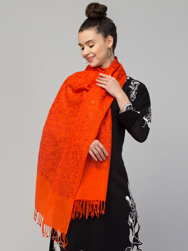 Pure Wool Tone to Tone Kashmiri Embroidery Stole with Stone Work - Orange