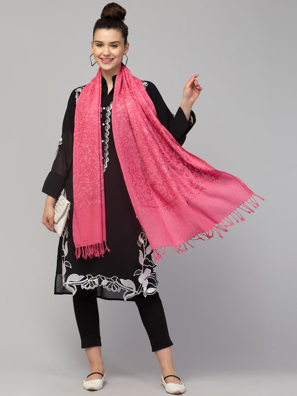 Pure Wool Tone to Tone Kashmiri Embroidery Stole with Stone Work - Peach Pink