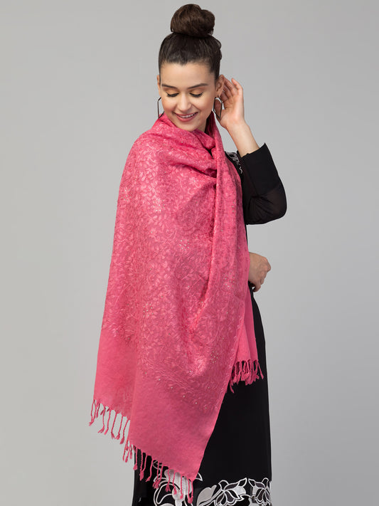 tweedle Women's Fine Wool Tone to Tone Aari Embroidery Stole with Stone Work - Peach Pink