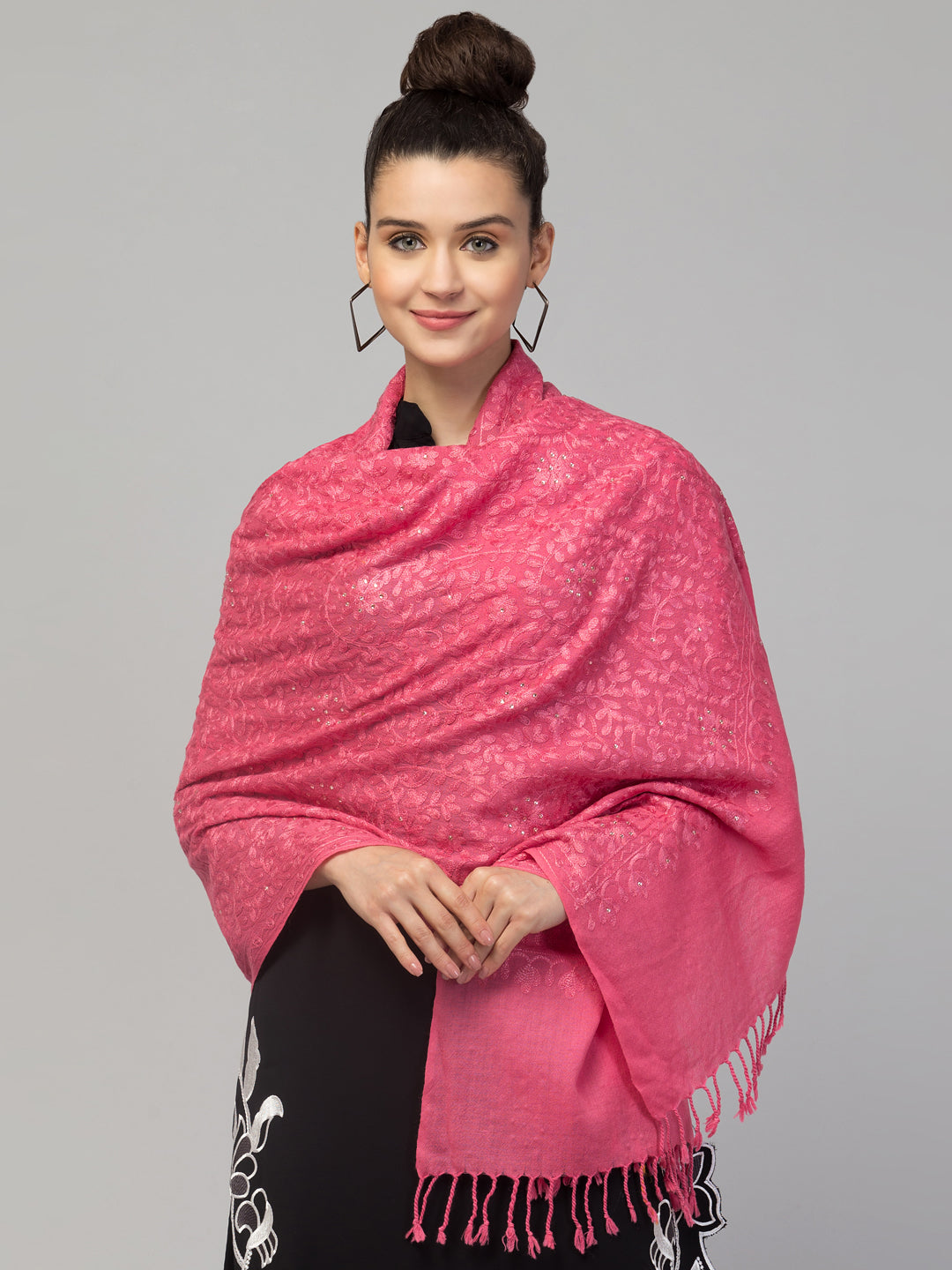 tweedle Women's Fine Wool Tone to Tone Aari Embroidery Stole with Stone Work - Peach Pink