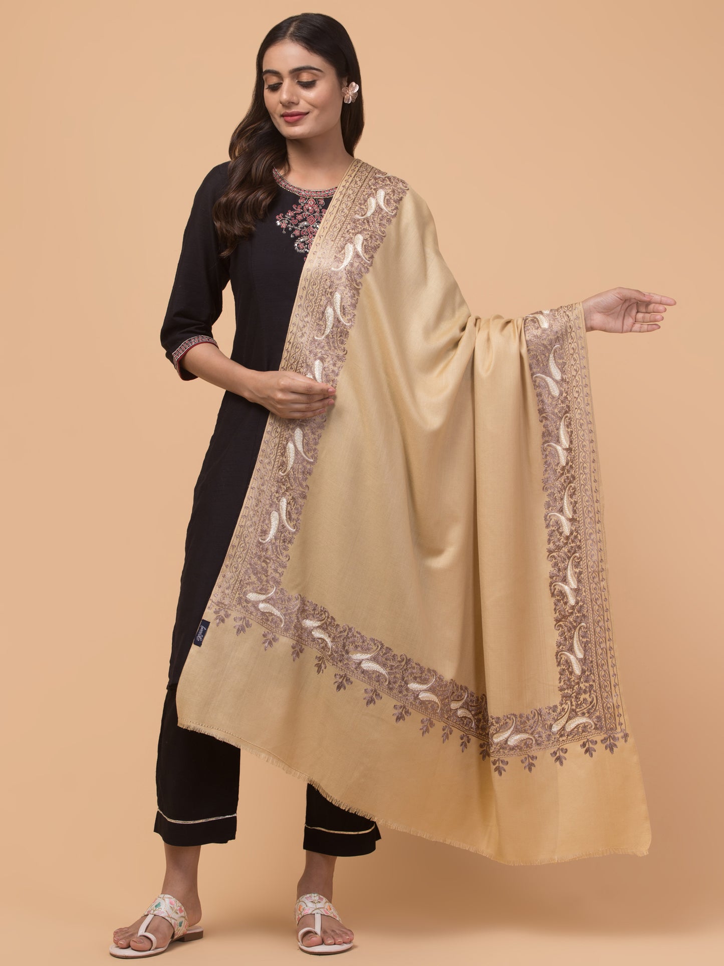 tweedle Kashmiri Aari Embroidery Shawl  for Women - Beige (40 x 80 inches)