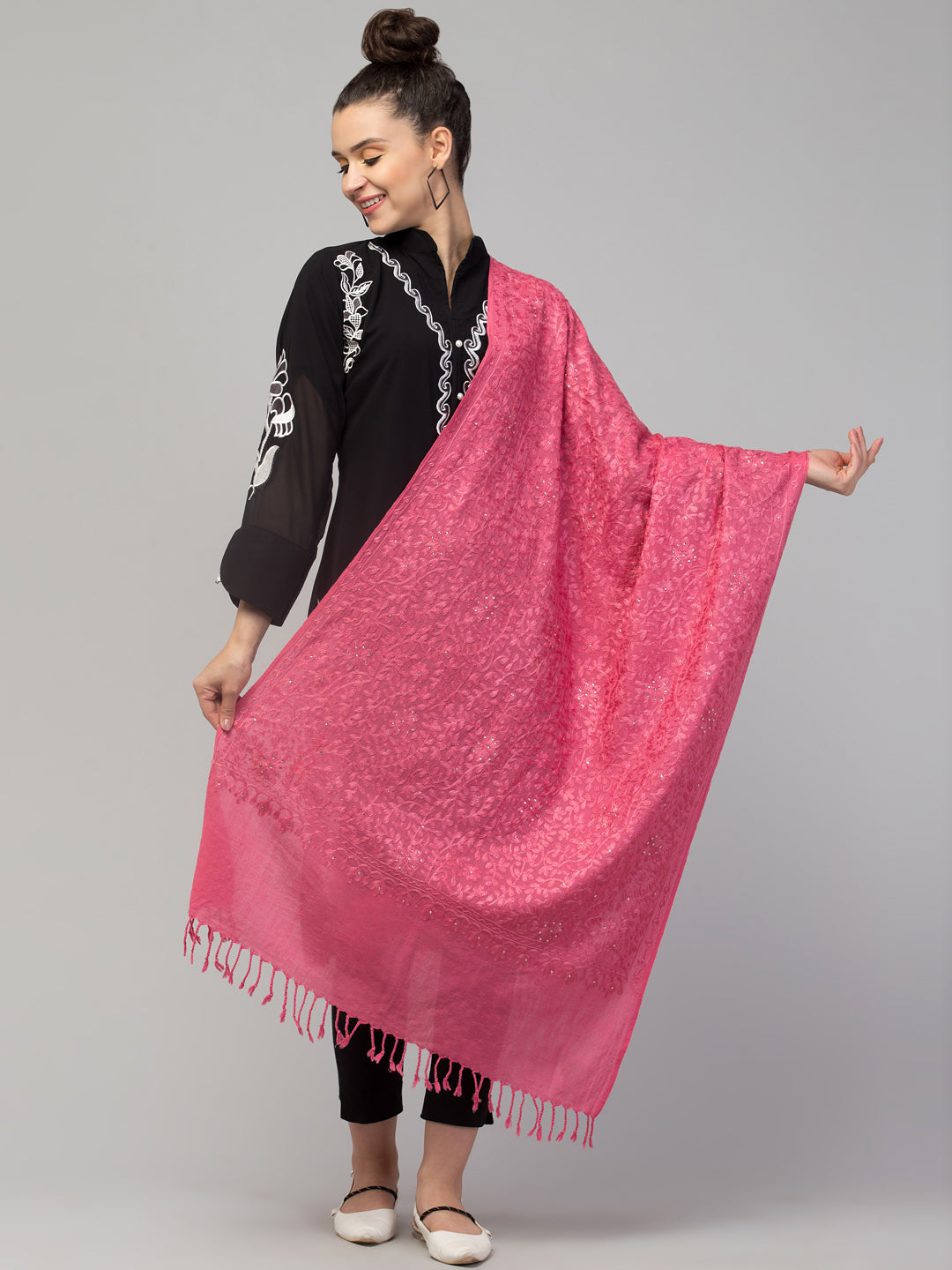 tweedle Women's Fine Wool Tone to Tone Aari Embroidery Stole with Stone Work - Peach Pink