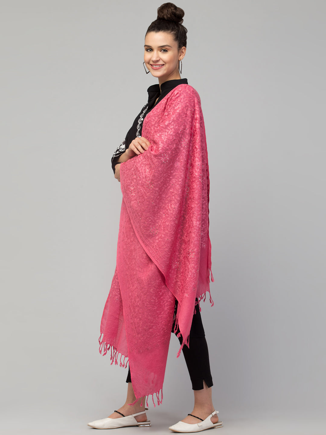 tweedle Women's Fine Wool Tone to Tone Aari Embroidery Stole with Stone Work - Peach Pink