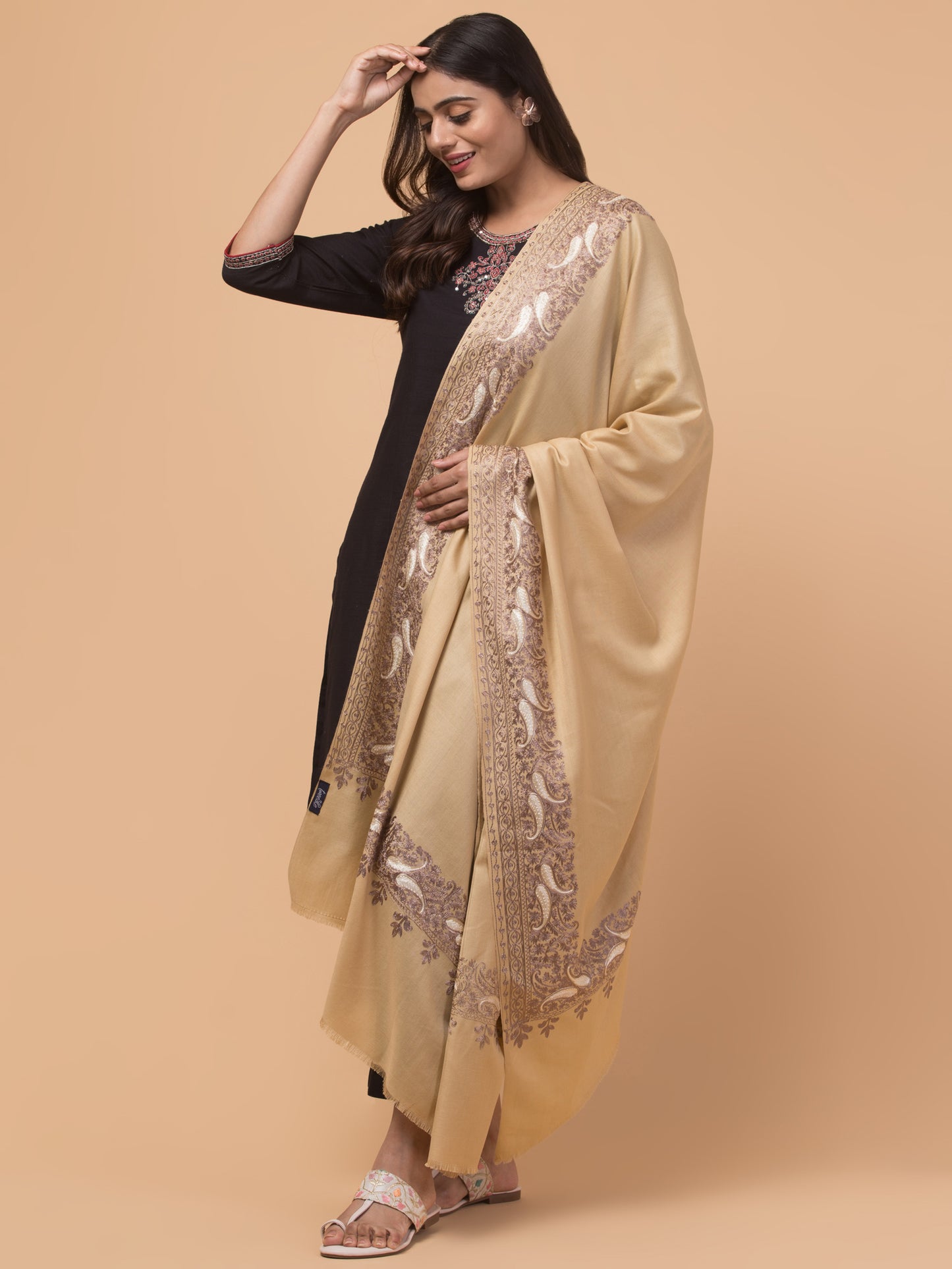 tweedle Kashmiri Aari Embroidery Shawl  for Women - Beige (40 x 80 inches)