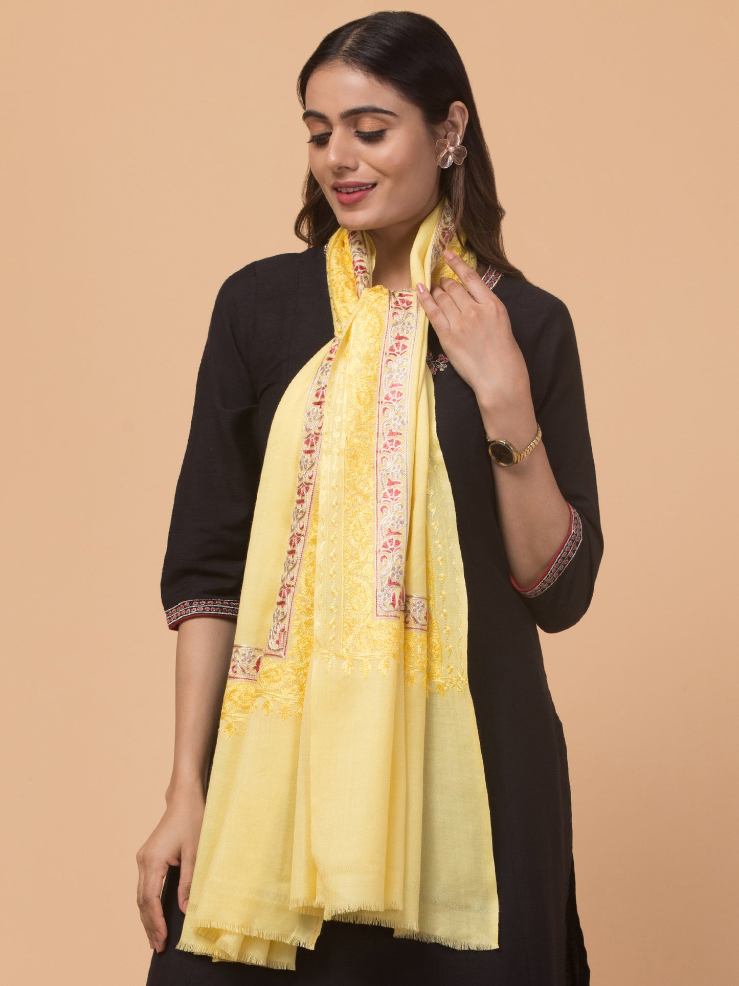 Tweedle Fine Wool Embroidered Stole for Women - Lemon Yellow, Size -28x80