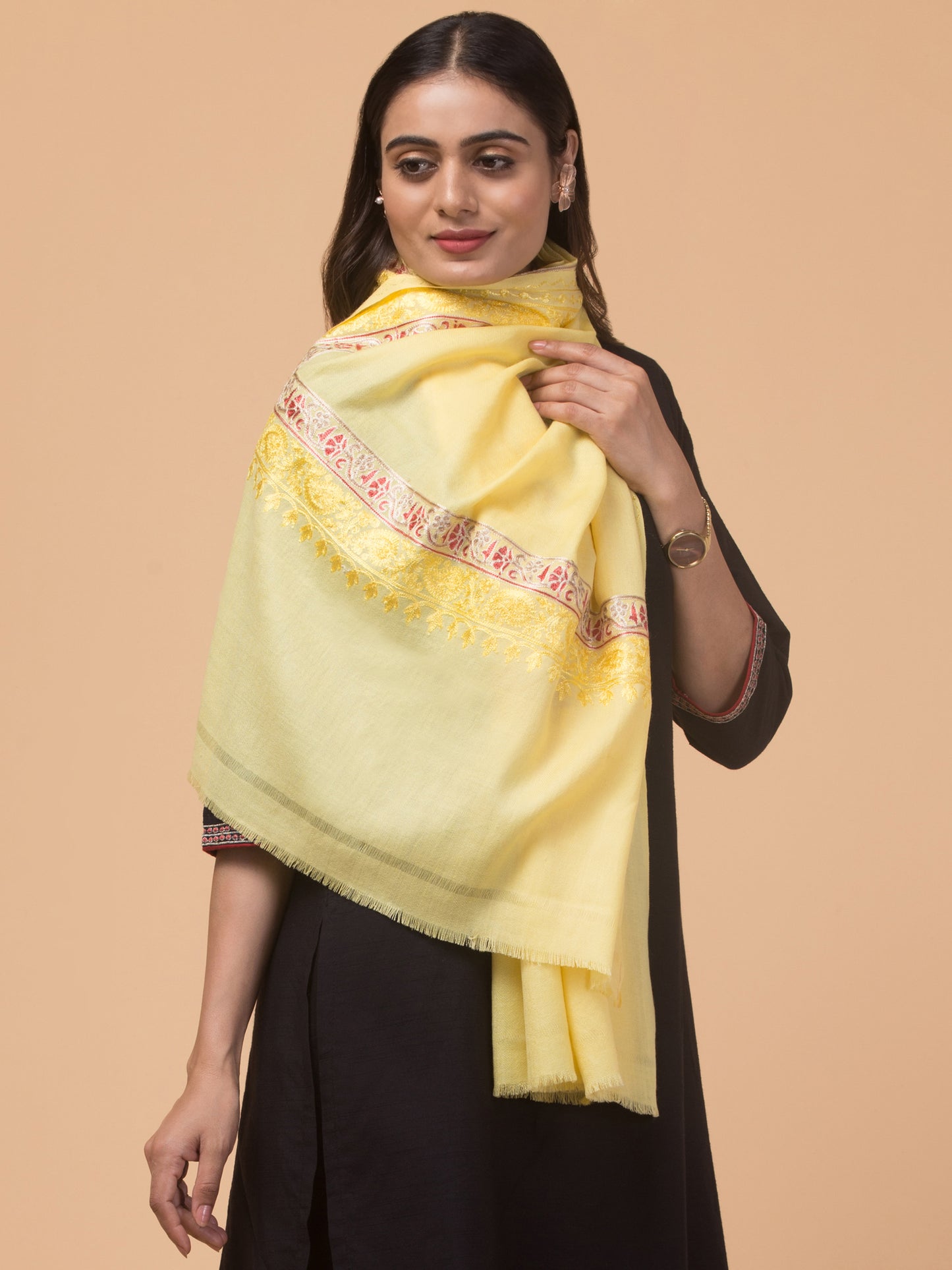 Tweedle Fine Wool Embroidered Stole for Women - Lemon Yellow, Size -28x80