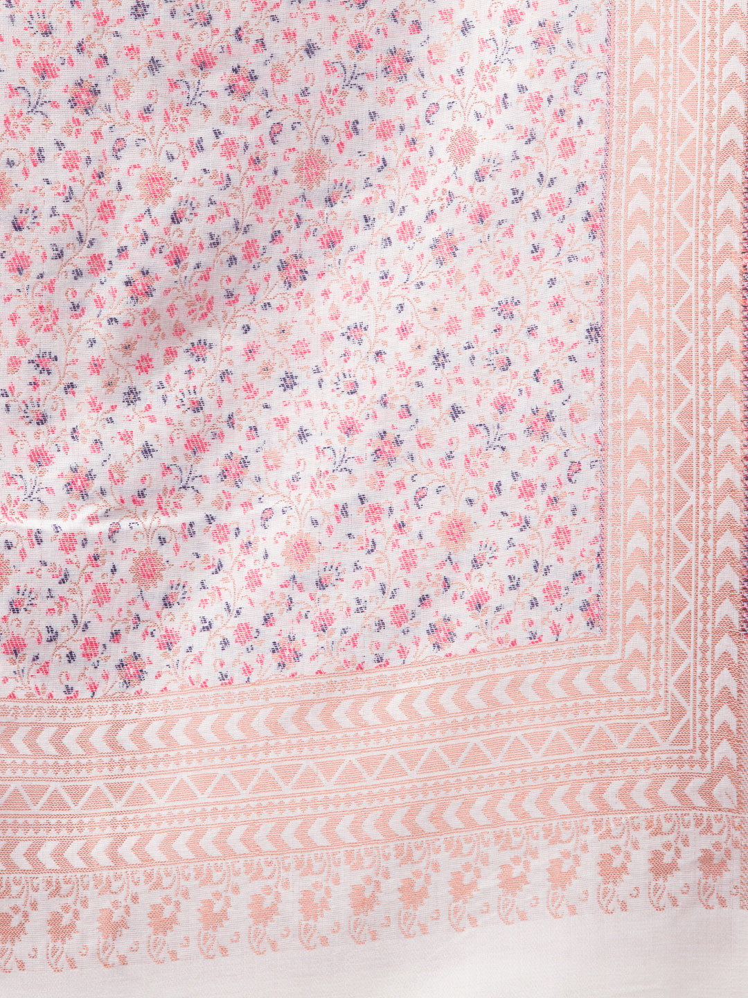 Floral Design Stole with Geometric Zari Border - White