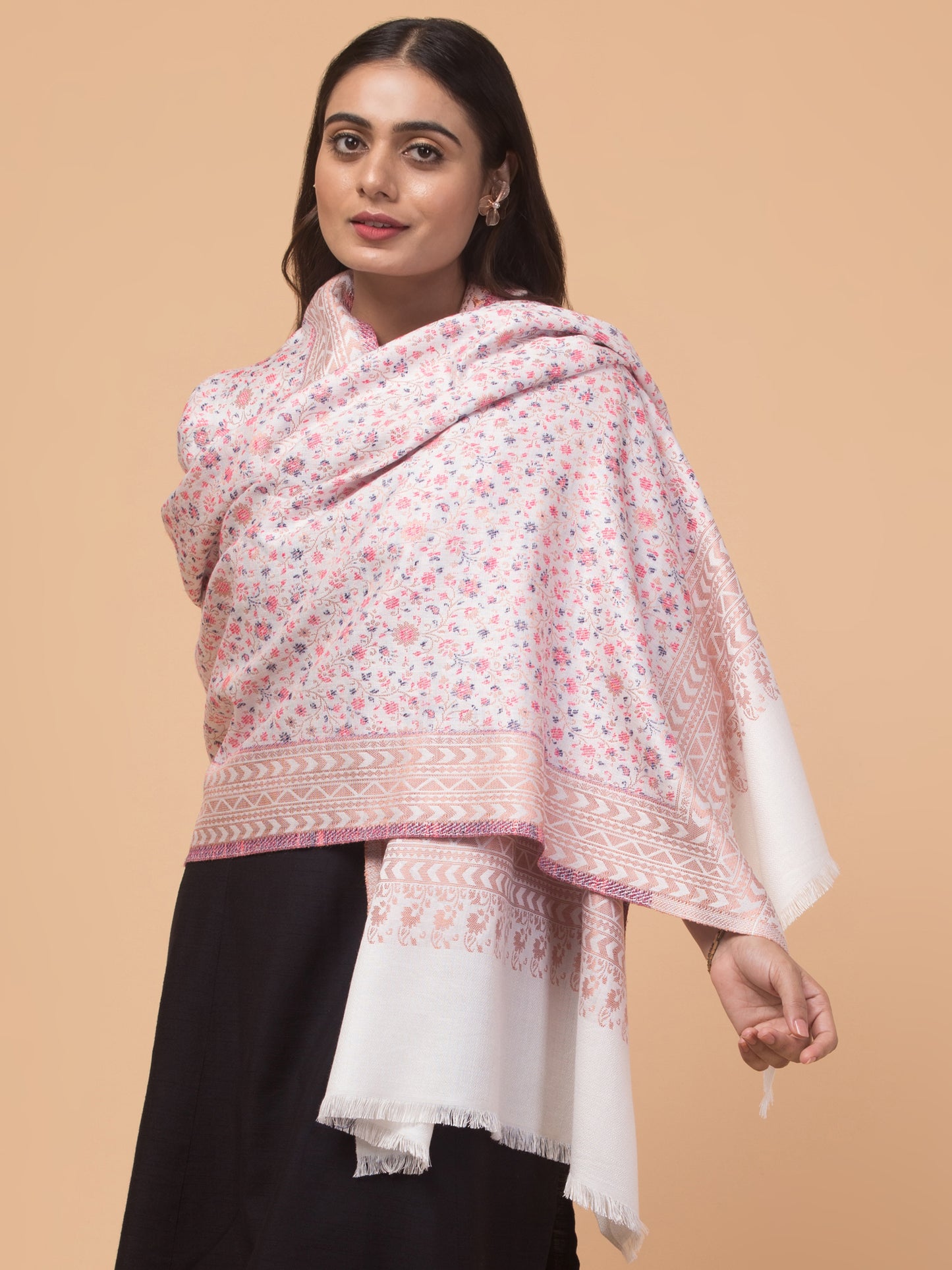 Floral Design Stole with Geometric Zari Border - White