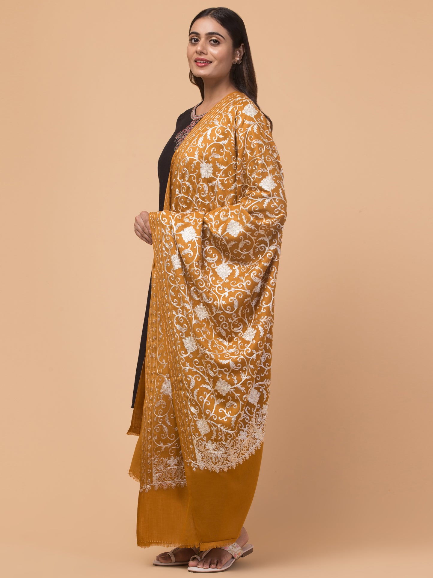 tweedle Kashmiri Aari Embroidery Shawl for Women - Mustard (40 x 80 inches)