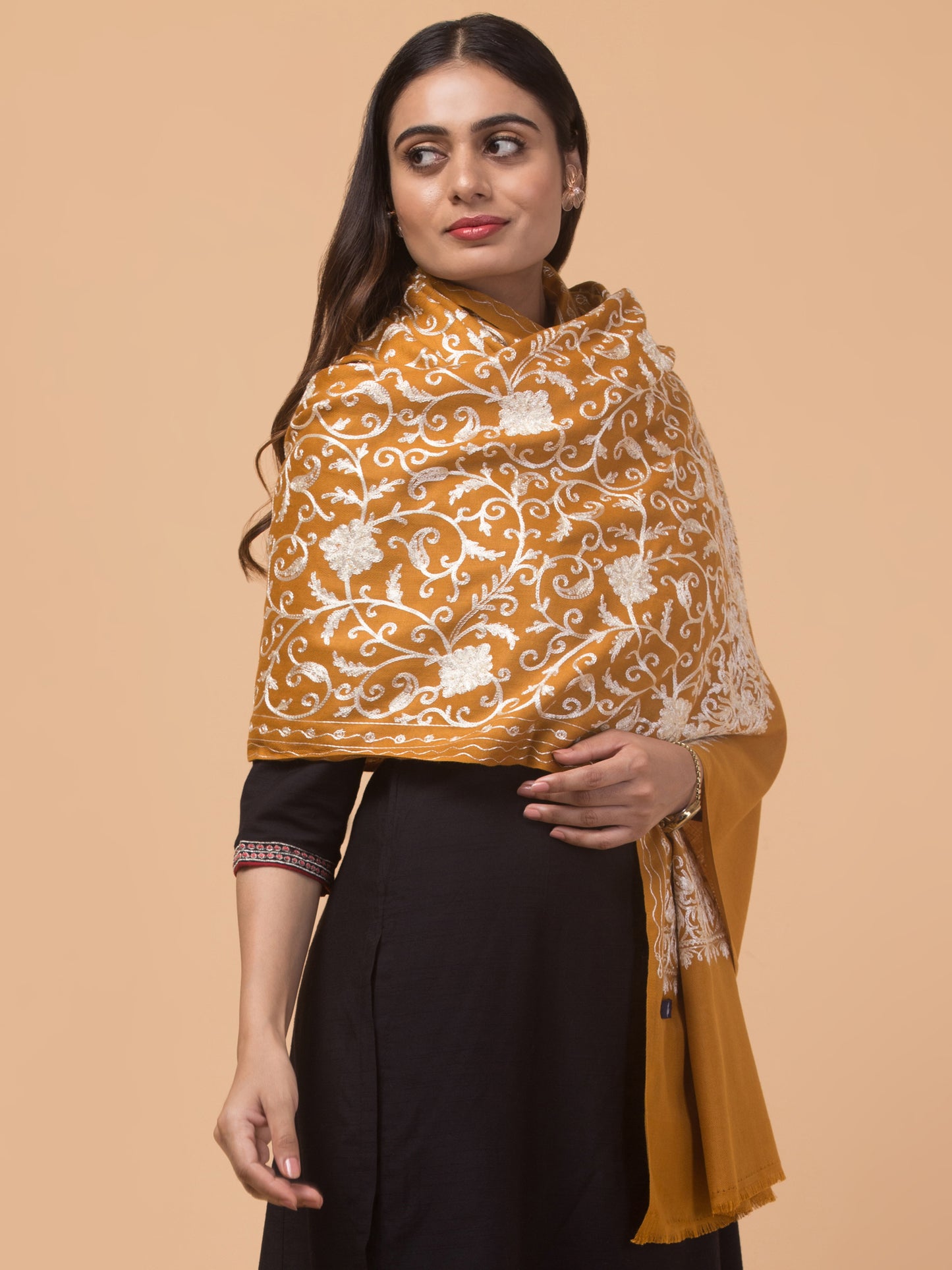 tweedle Kashmiri Aari Embroidery Shawl for Women - Mustard (40 x 80 inches)