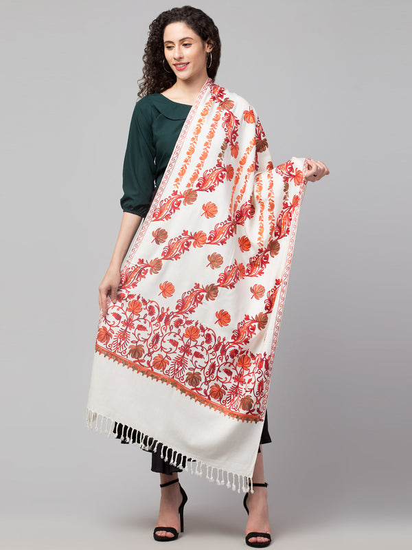 Blended Wool Floral Pattern Aari Embroidery Stole - White