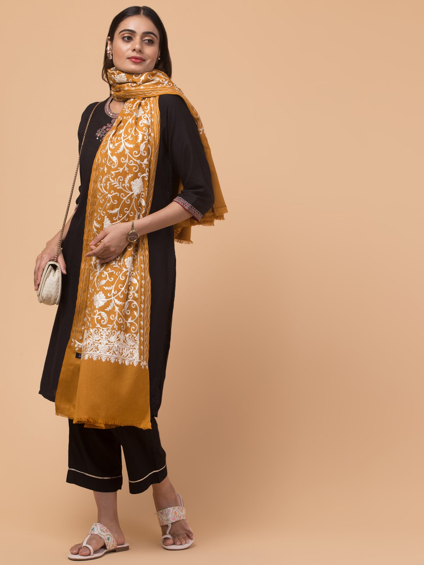tweedle Kashmiri Aari Embroidery Shawl for Women - Mustard (40 x 80 inches)