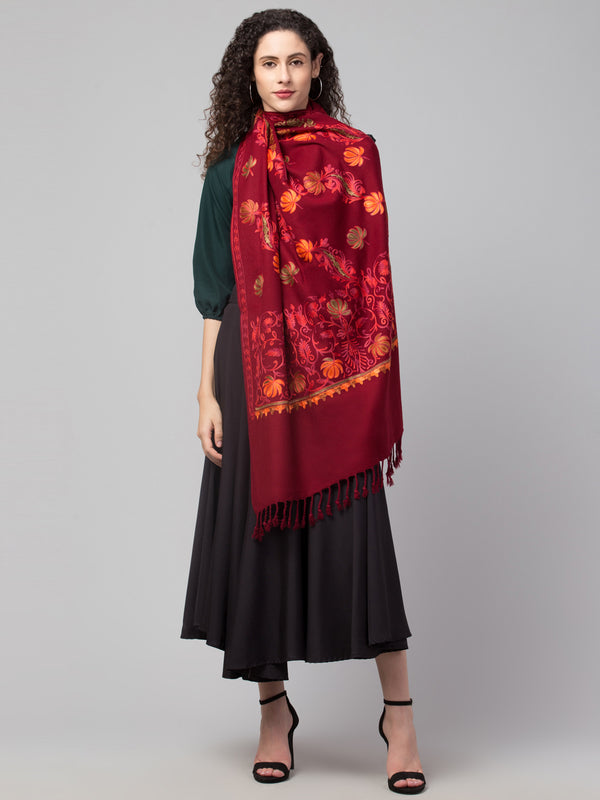 Blended Wool Floral Pattern Aari Embroidery Stole - Maroon