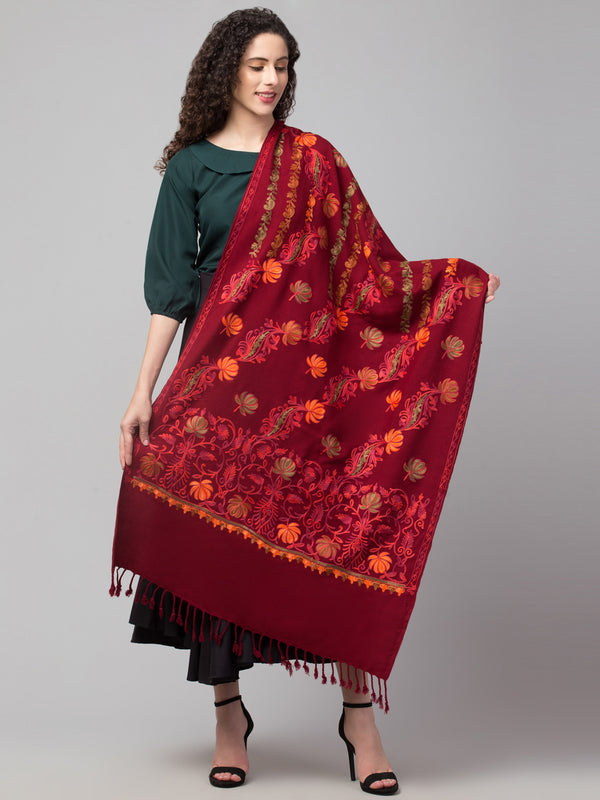 Blended Wool Floral Pattern Aari Embroidery Stole - Maroon