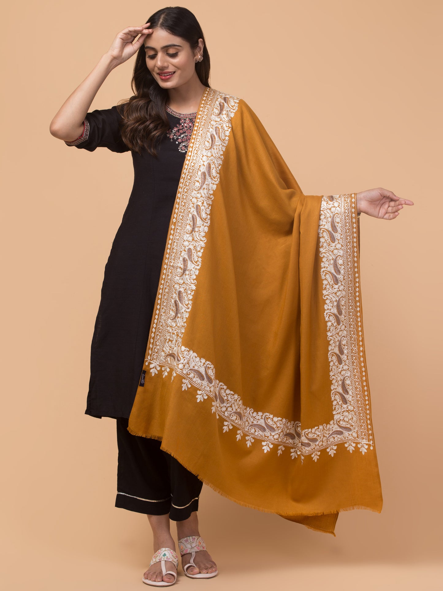 tweedle Kashmiri Aari Embroidery Shawl for Women - Mustard (40 x 80 inches)