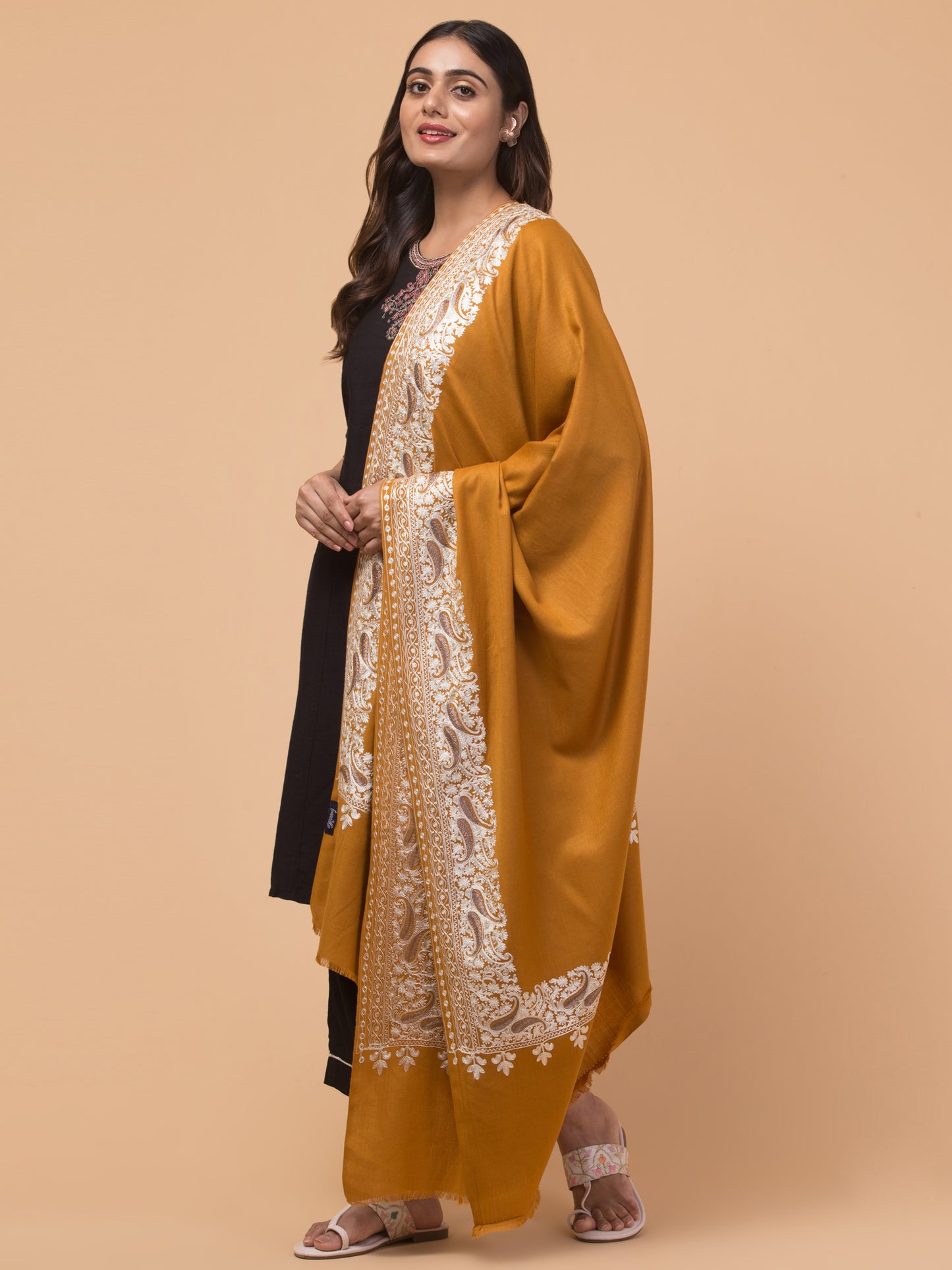 tweedle Kashmiri Aari Embroidery Shawl for Women - Mustard (40 x 80 inches)