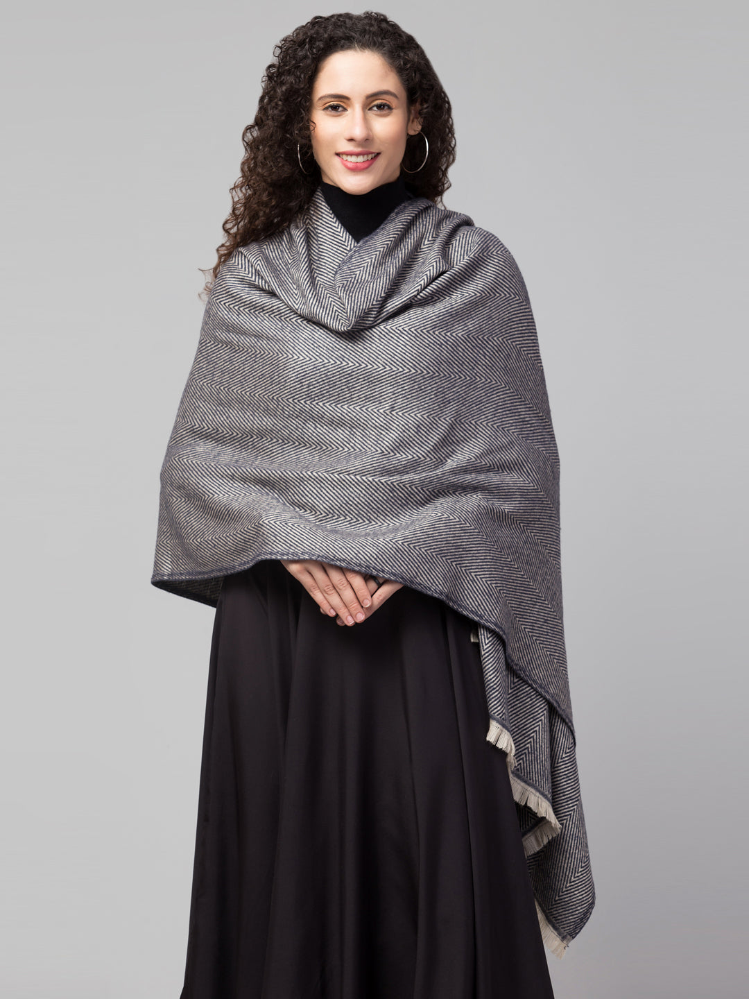 Tweedle Heringbone Design Super Soft Woolen Stole / Scarf for Women - Blue (28 x 80 inches)