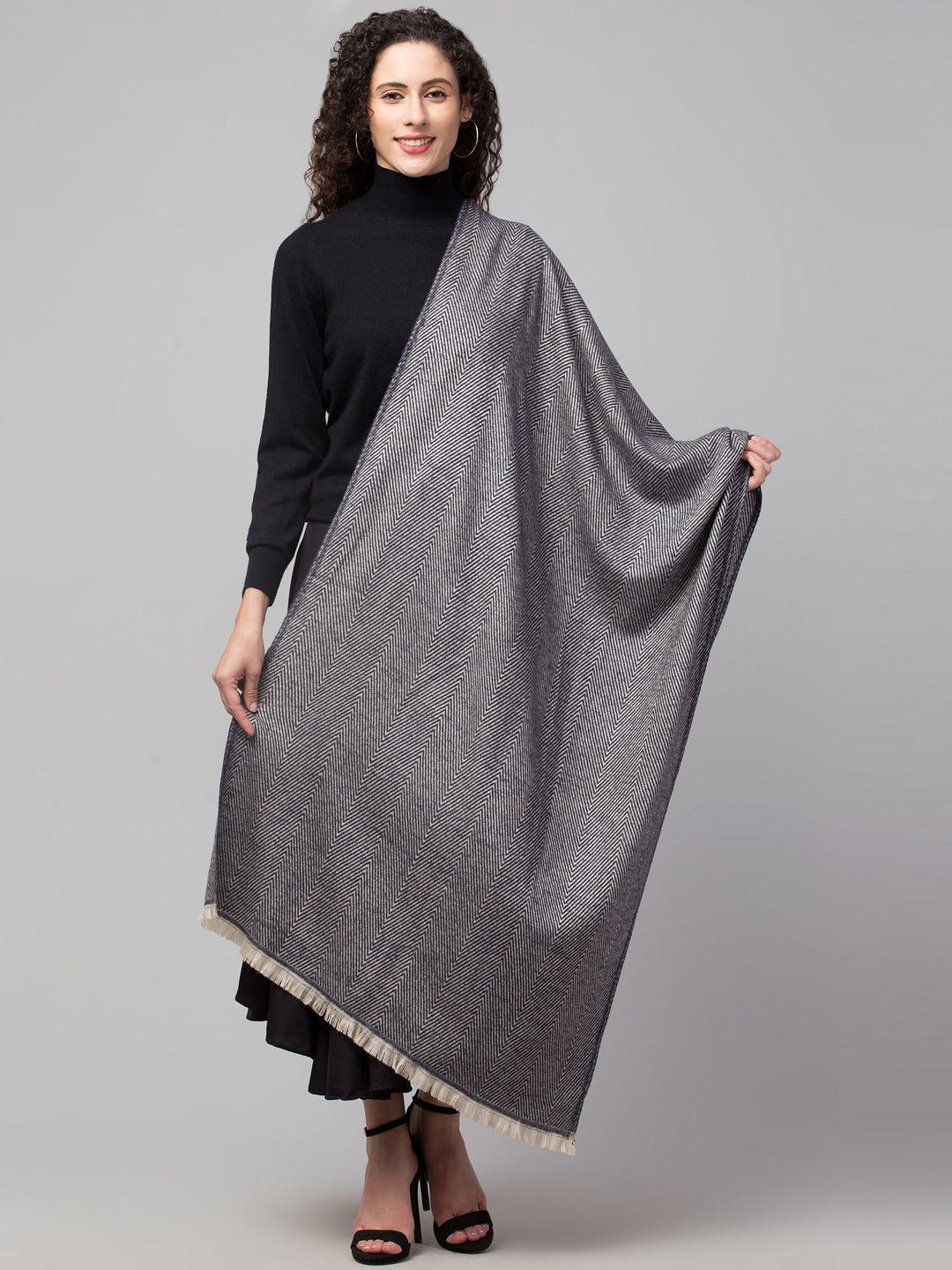 Tweedle Heringbone Design Super Soft Woolen Stole / Scarf for Women - Blue (28 x 80 inches)