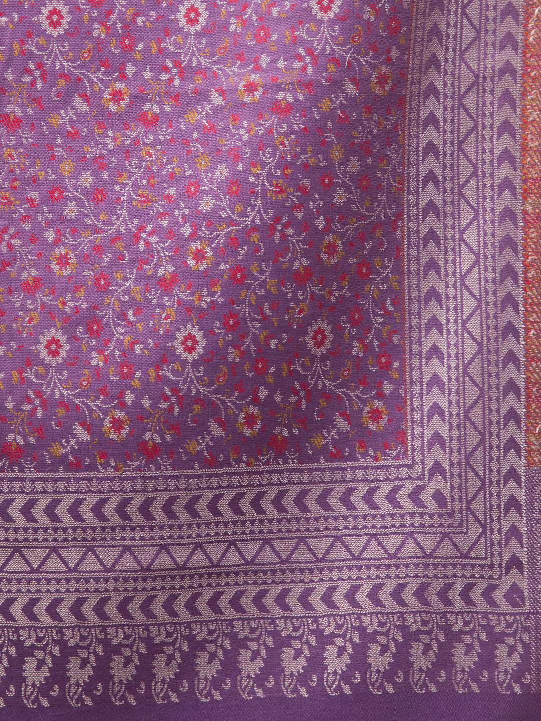 Floral Design Stole with Geometric Zari Border - Purple