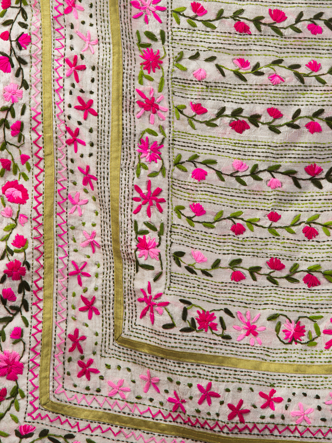 tweedle Offwhite Chanderi Phulkari Hand Embdoidery Dupatta For Women Pink, Free Size