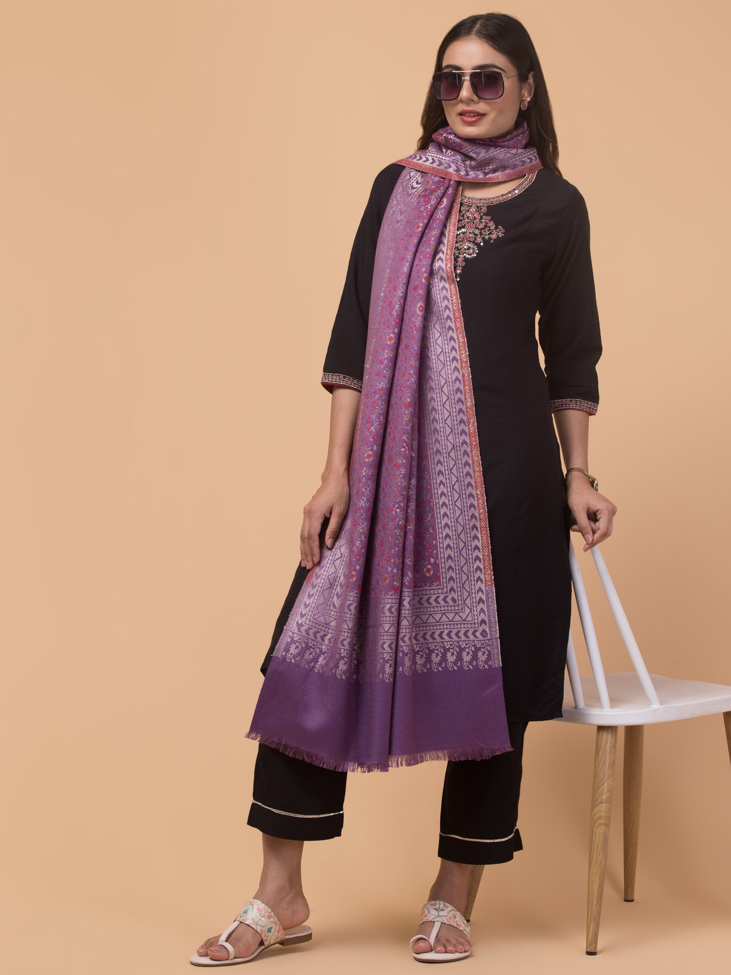 Floral Design Stole with Geometric Zari Border - Purple