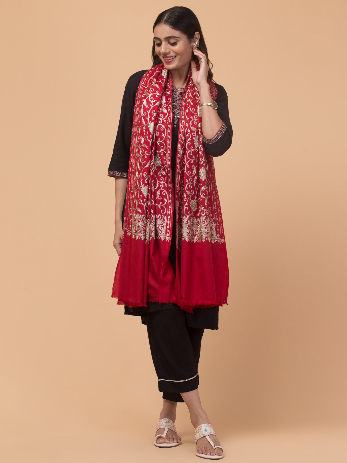 tweedle Kashmiri Aari Embroidery Shawl for Women - Maroon (40 x 80 inches)