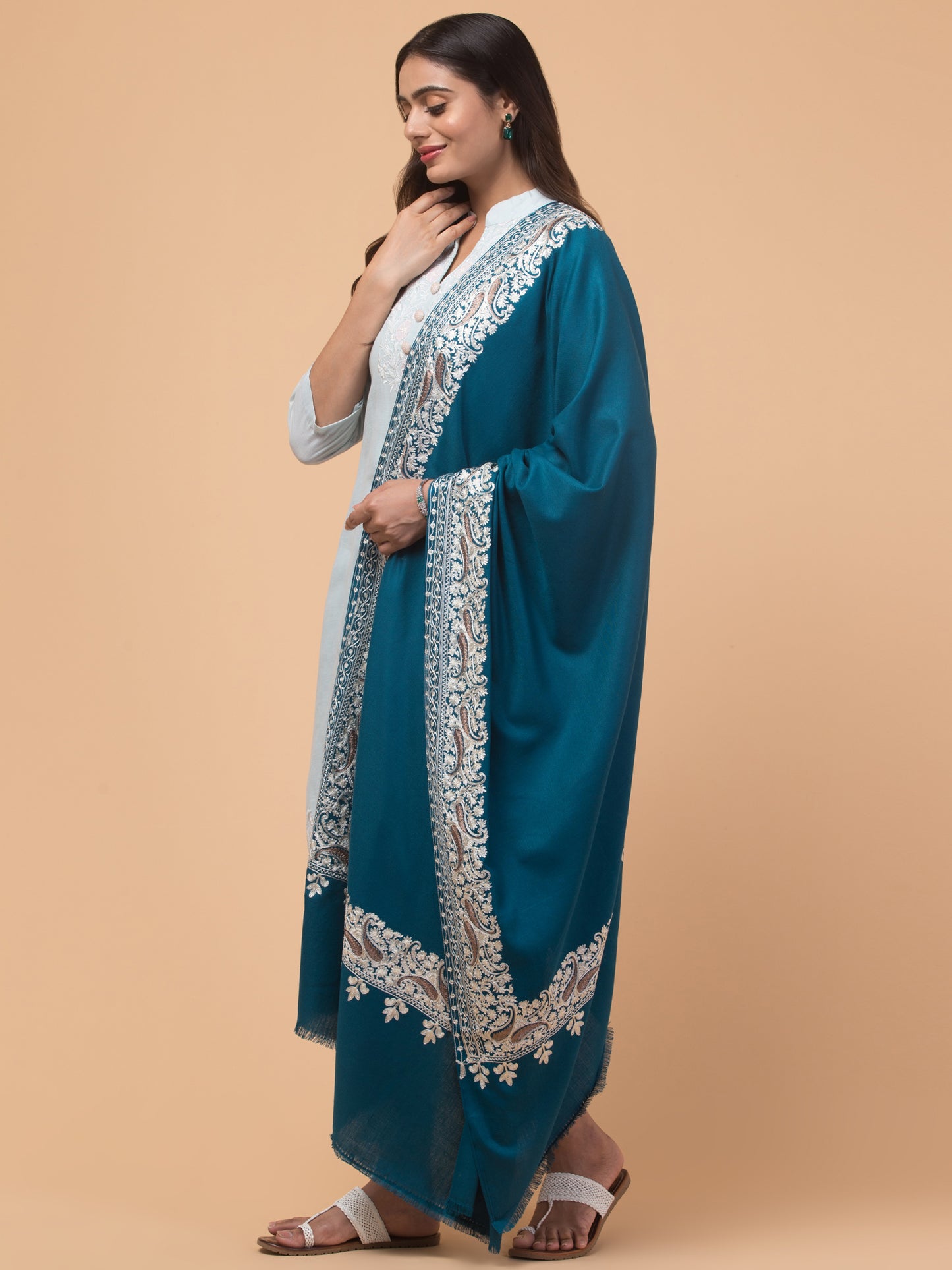 tweedle Kashmiri Aari Embroidery Shawl for Women - Turquoise (40 x 80 inches)