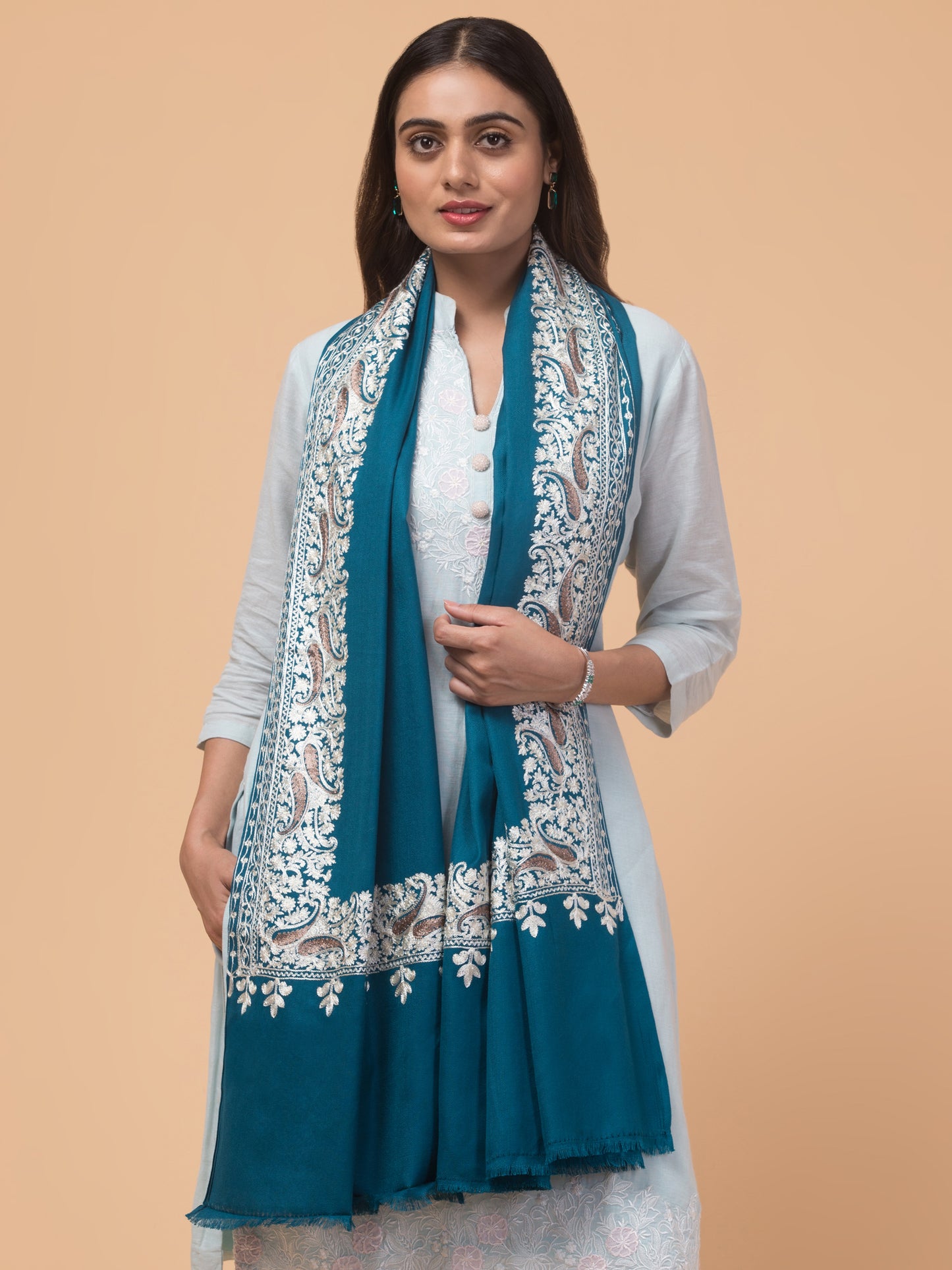 tweedle Kashmiri Aari Embroidery Shawl for Women - Turquoise (40 x 80 inches)