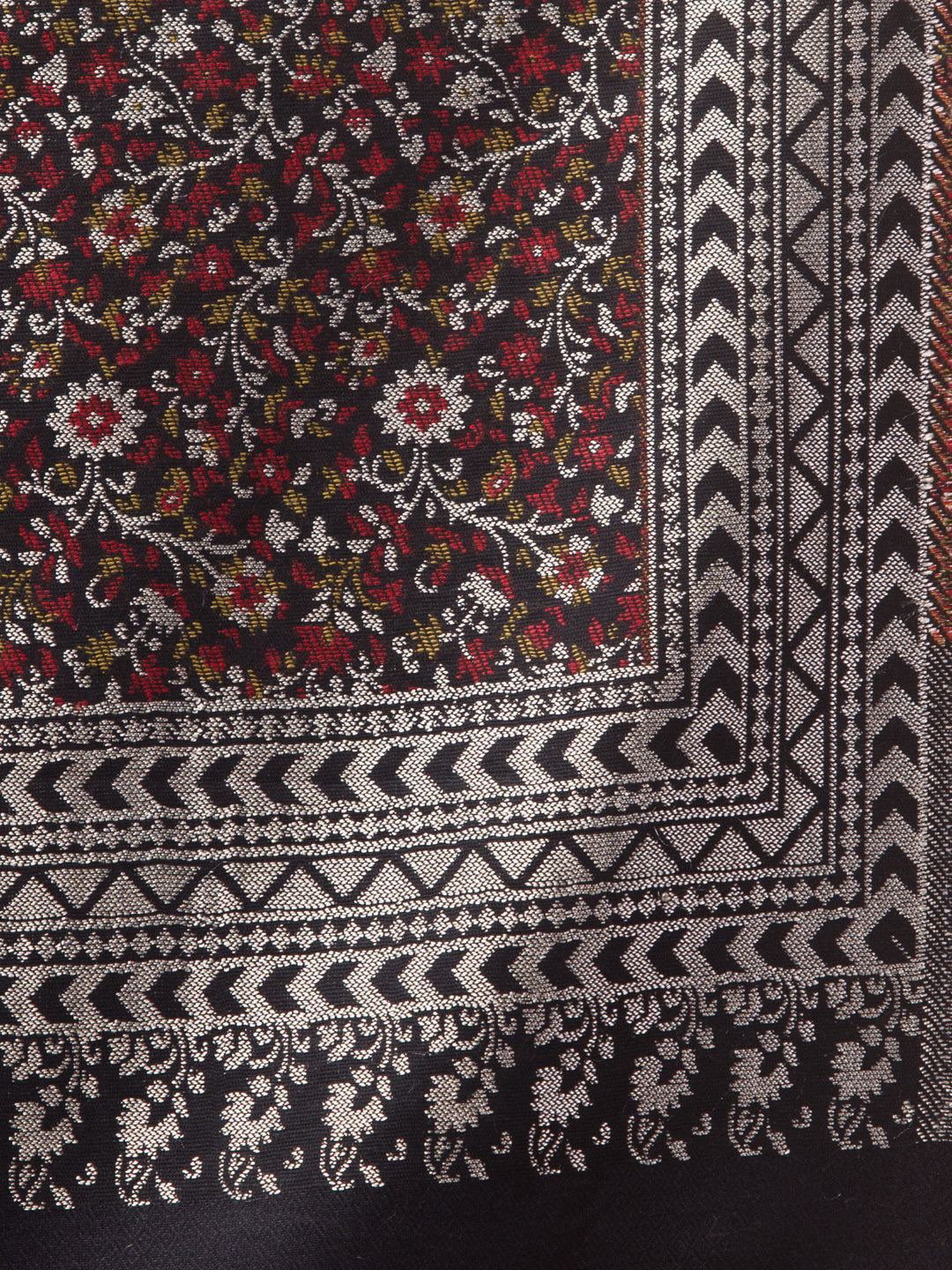 Floral Design Stole with Geometric Zari Border - Black
