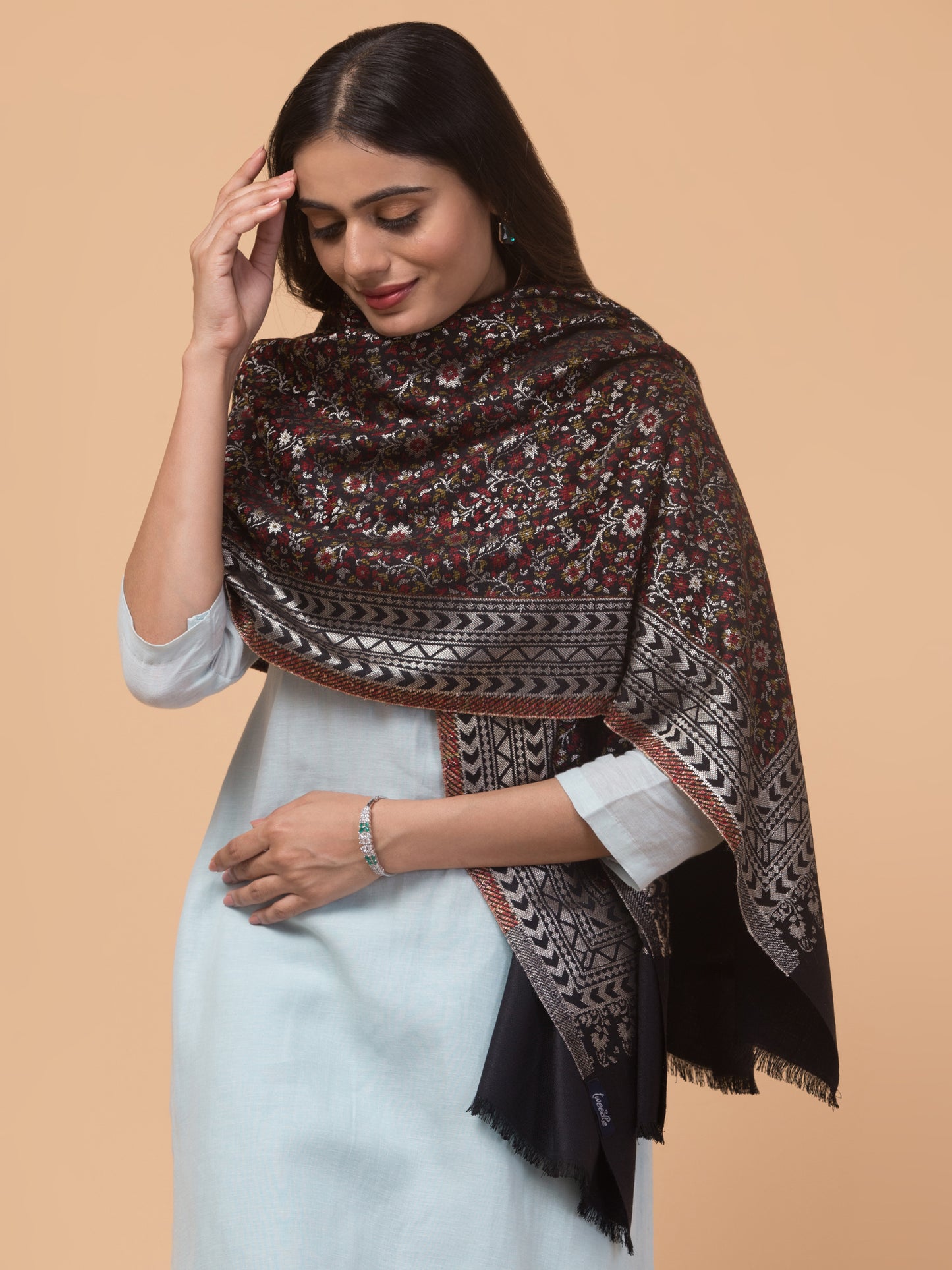 Floral Design Stole with Geometric Zari Border - Black