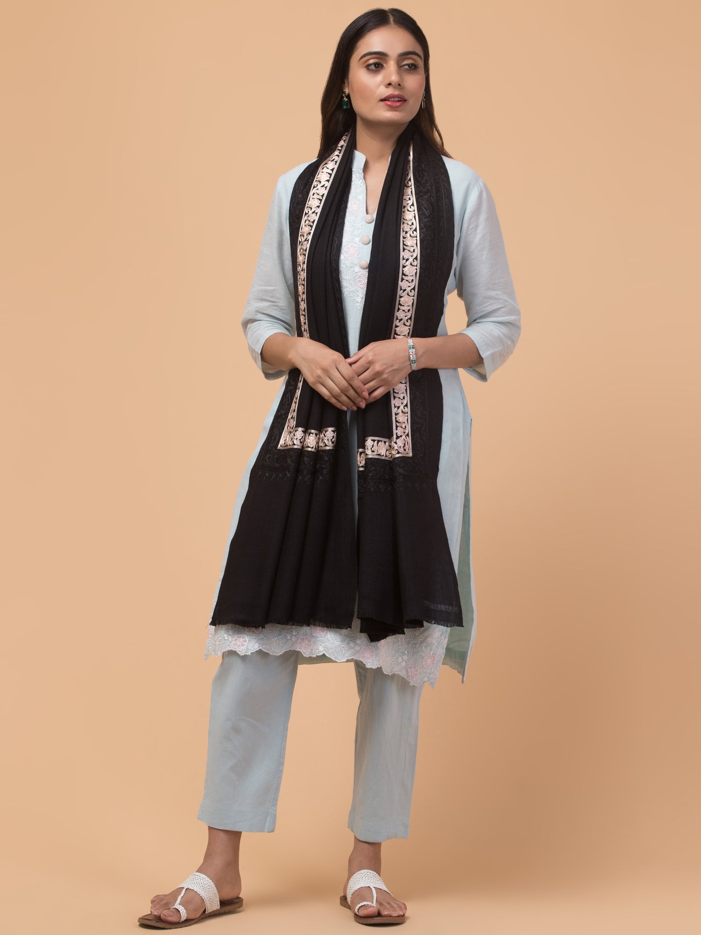 Tweedle Fine Wool Embroidered Stole for Women - Black, Size -28x80