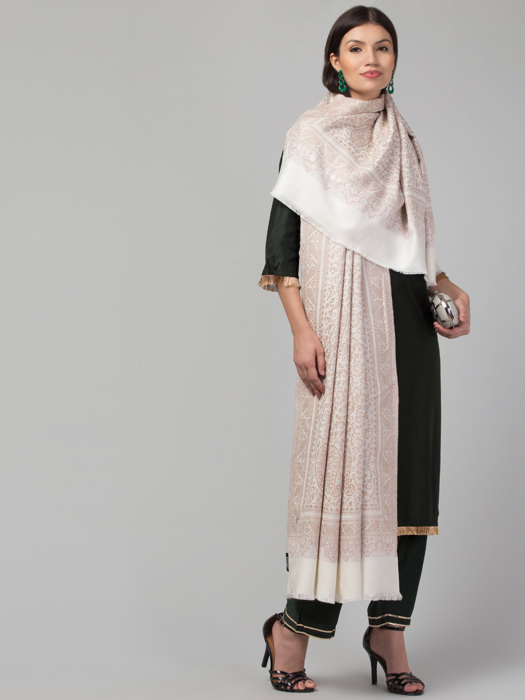 Zari Work Paisley Design Shawl - Off White
