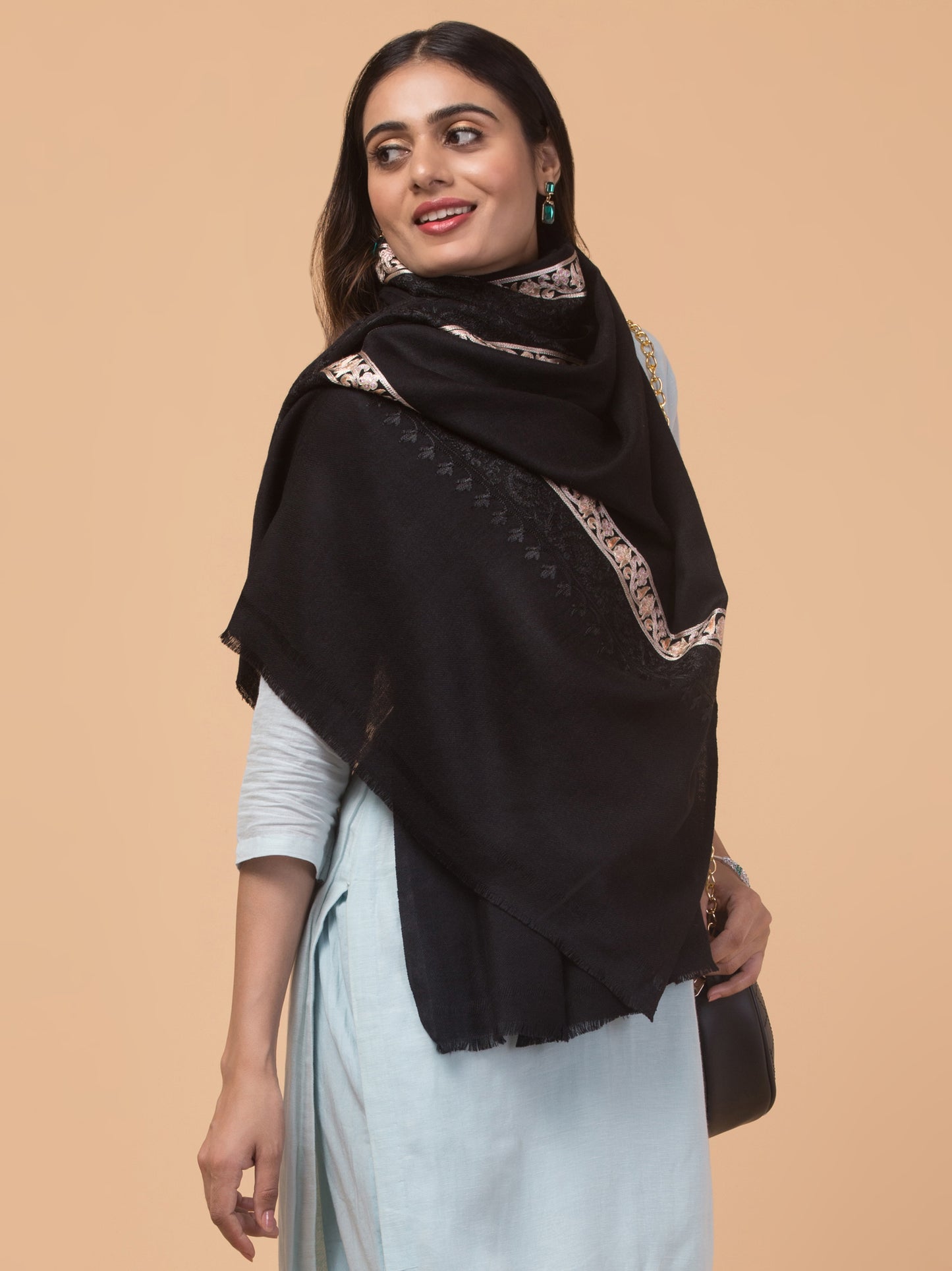 Tweedle Fine Wool Embroidered Stole for Women - Black, Size -28x80