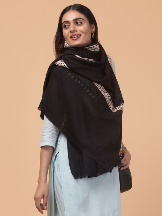 Tweedle Fine Wool Embroidered Stole for Women - Black, Size -28x80