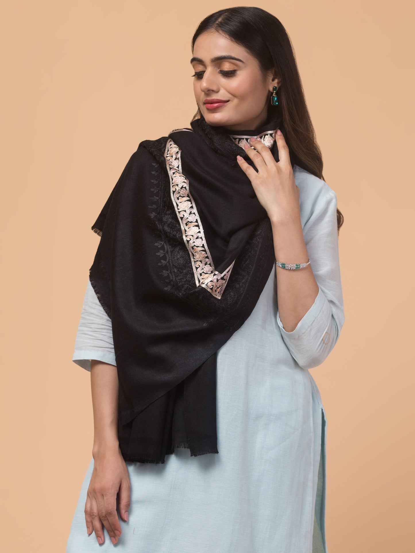 Tweedle Fine Wool Embroidered Stole for Women - Black, Size -28x80