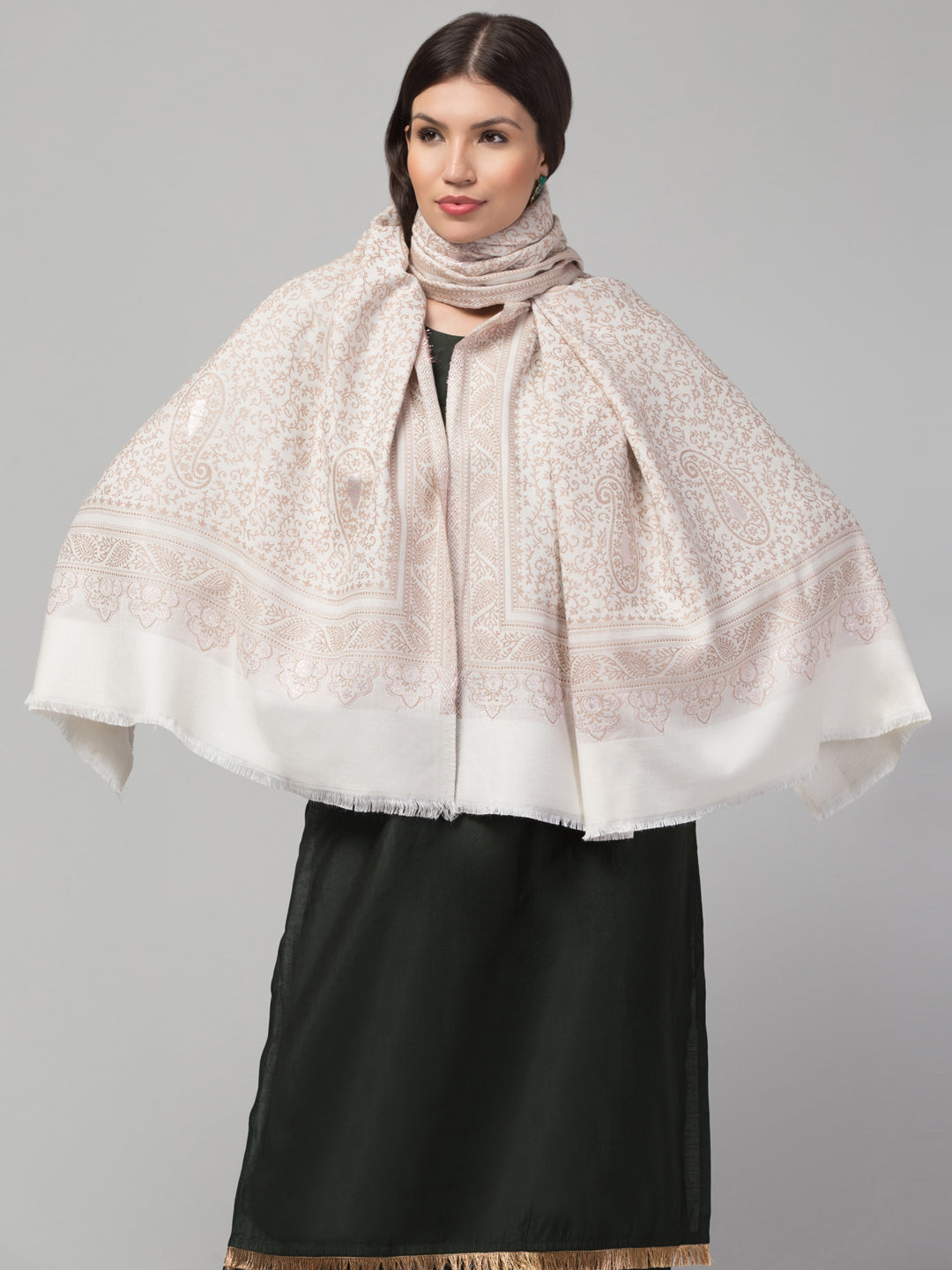 Zari Work Paisley Design Shawl - Off White