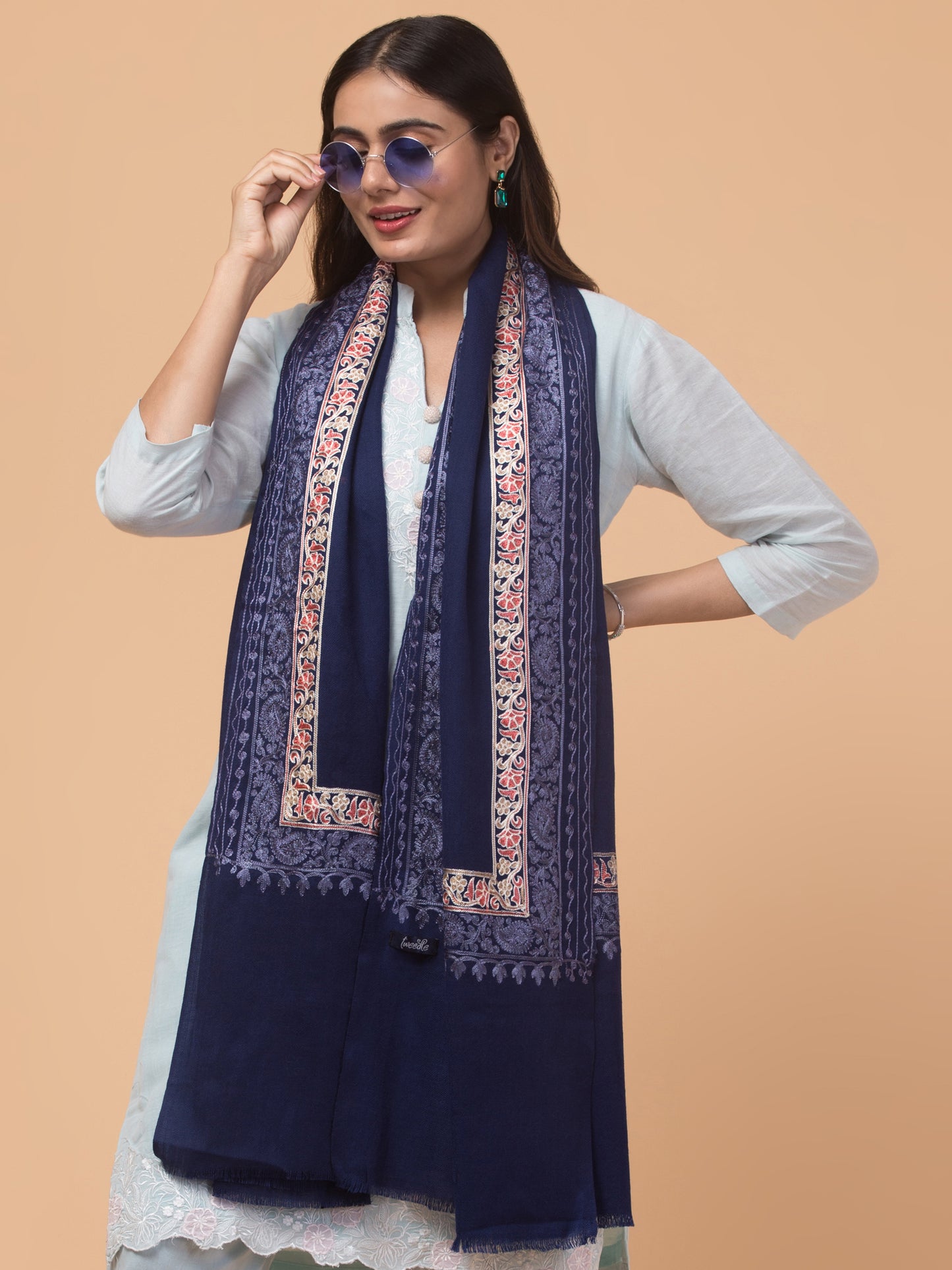 Tweedle Fine Wool Embroidered Stole for Women - Navy Blue, Size -28x80