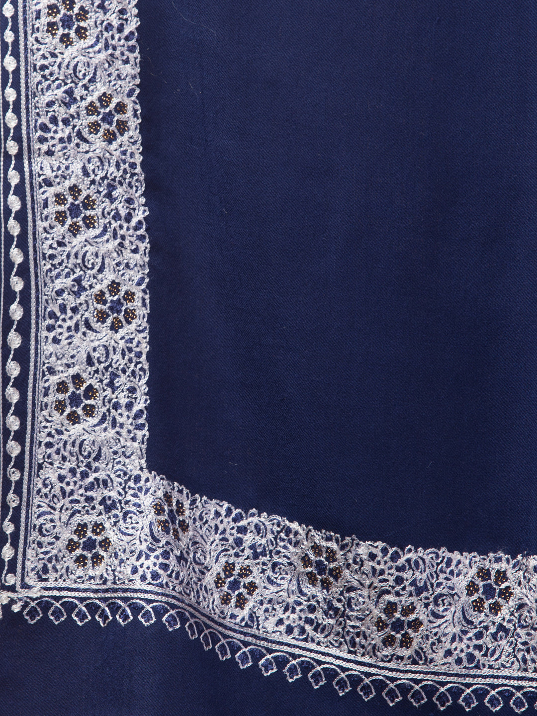 Fine Wool Embroidered Stole, Floral Pattern and Stone Work Border, Navy Blue