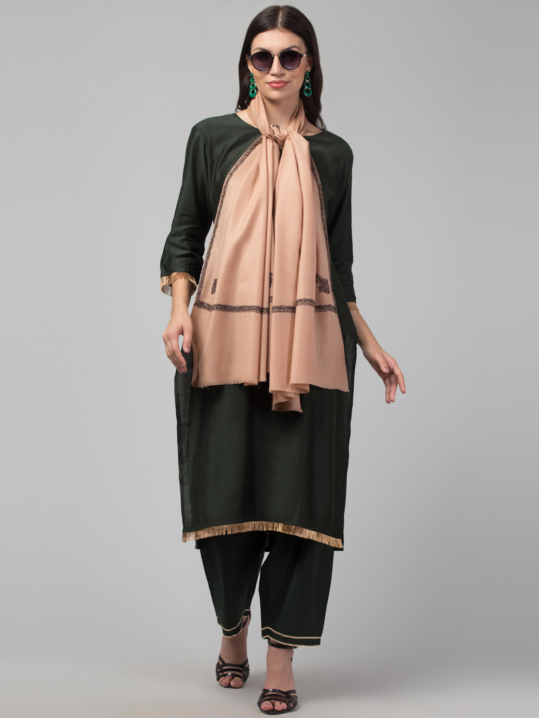 Fine Wool Plain Traditional Kingri Stole with Hand Embroidery Border - Beige