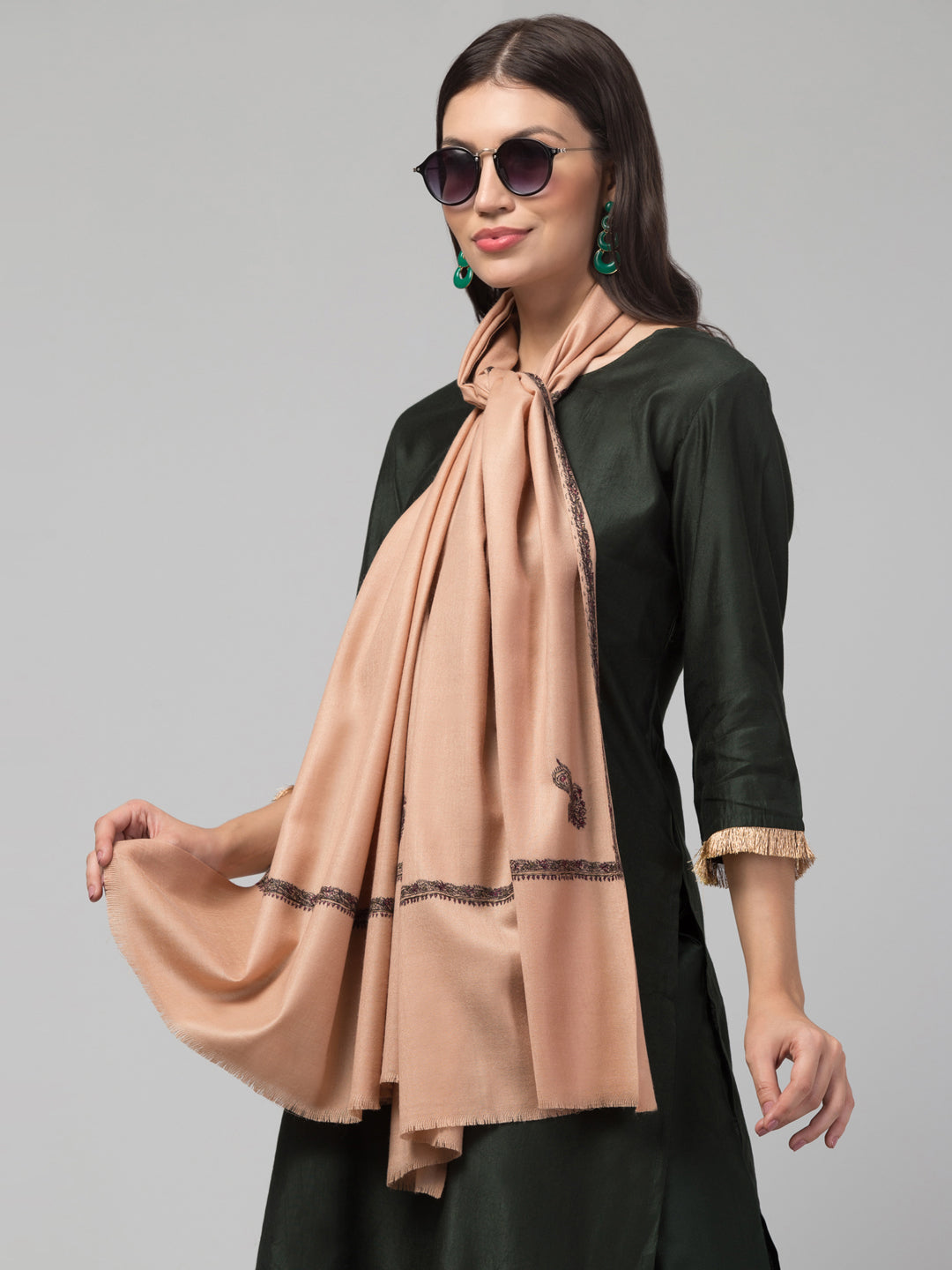 Fine Wool Plain Traditional Kingri Stole with Hand Embroidery Border - Beige