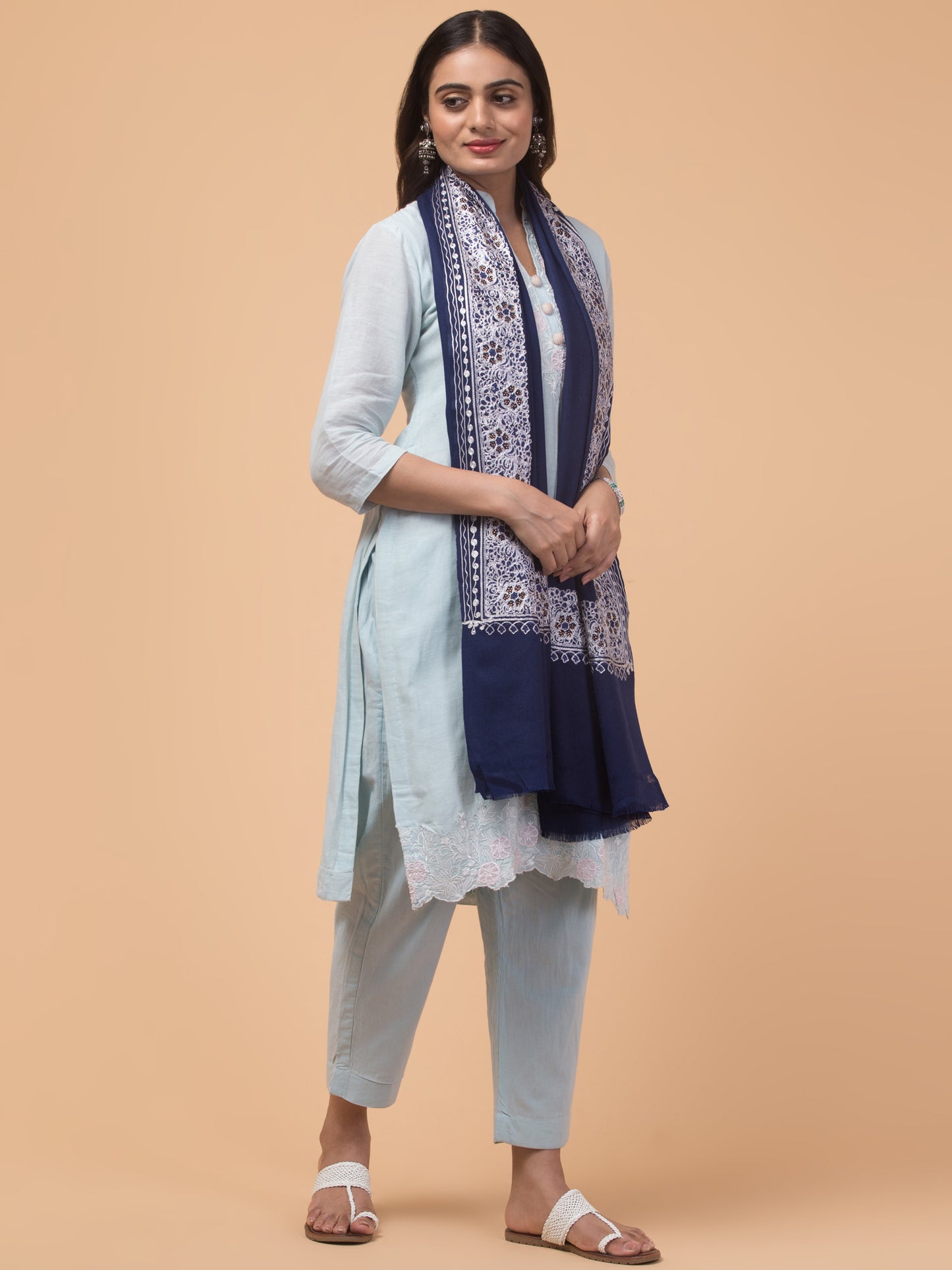 Fine Wool Embroidered Stole, Floral Pattern and Stone Work Border, Navy Blue