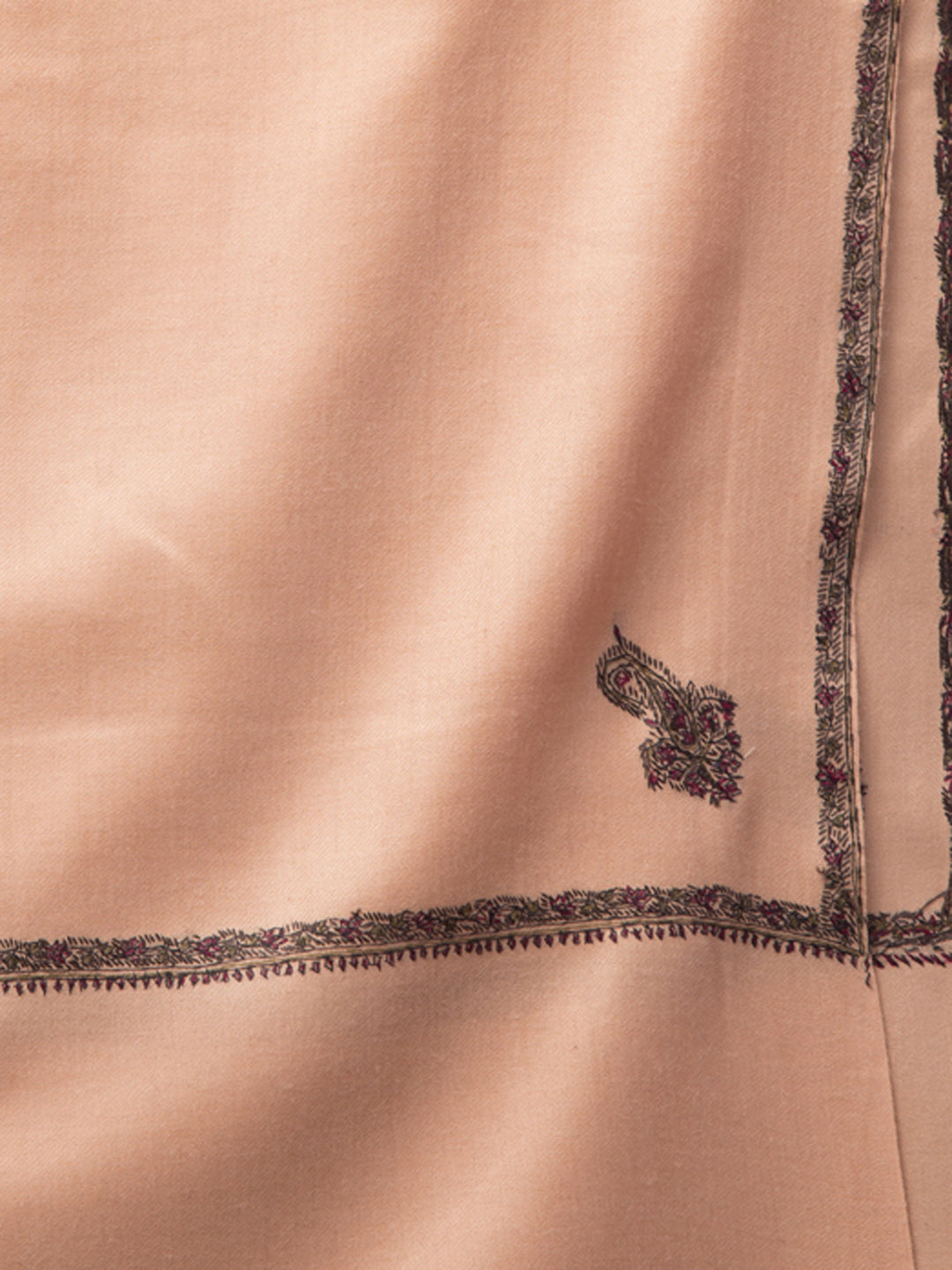 Fine Wool Plain Traditional Kingri Stole with Hand Embroidery Border - Beige