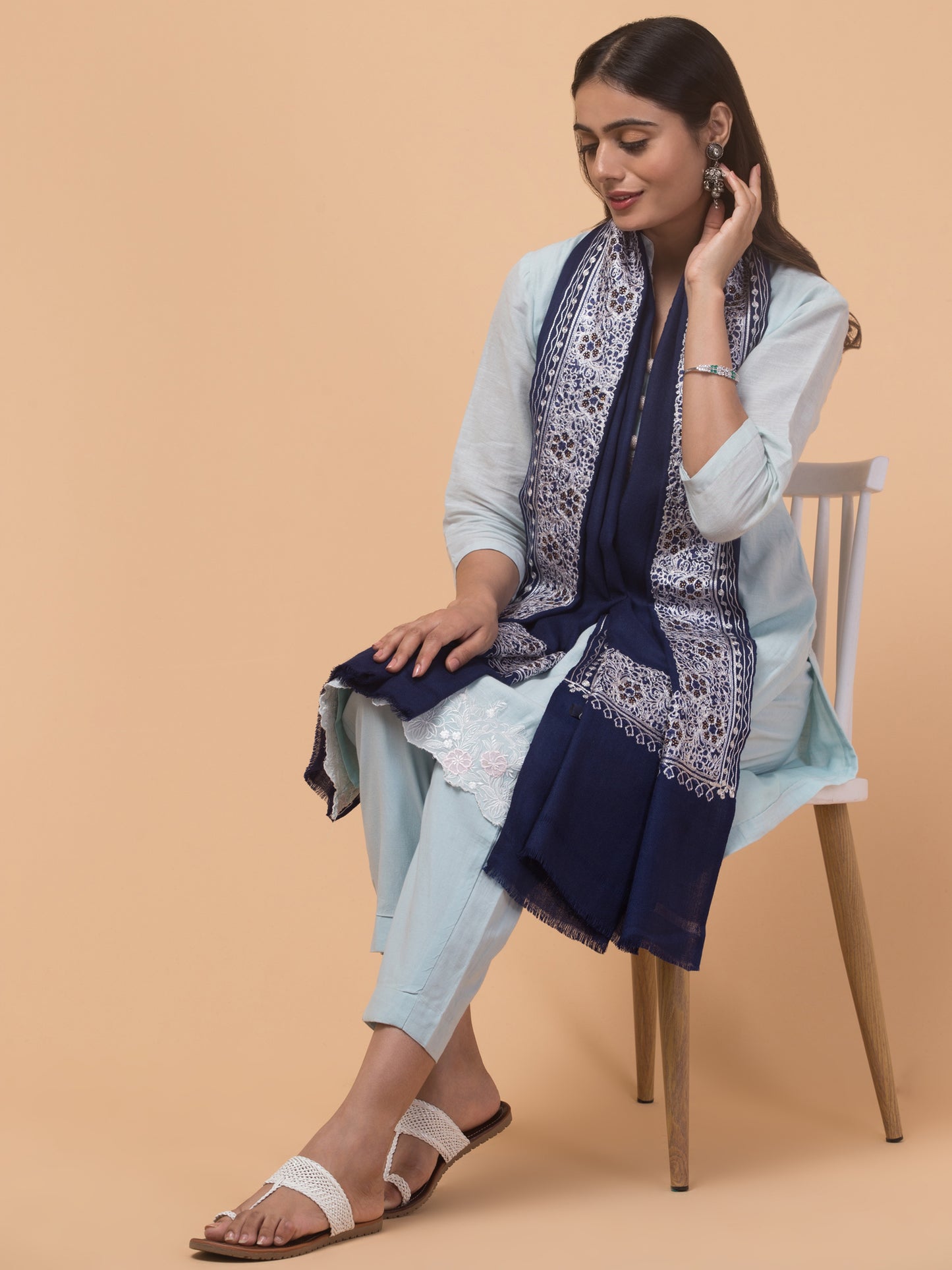 Fine Wool Embroidered Stole, Floral Pattern and Stone Work Border, Navy Blue