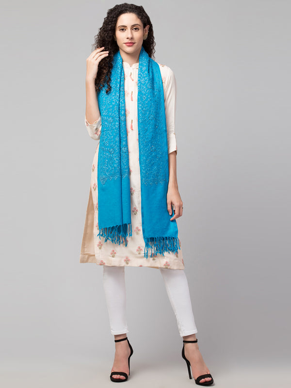 Pure Wool Tone to Tone Kashmiri Embroidery Stole with Stone Work - Sky Blue