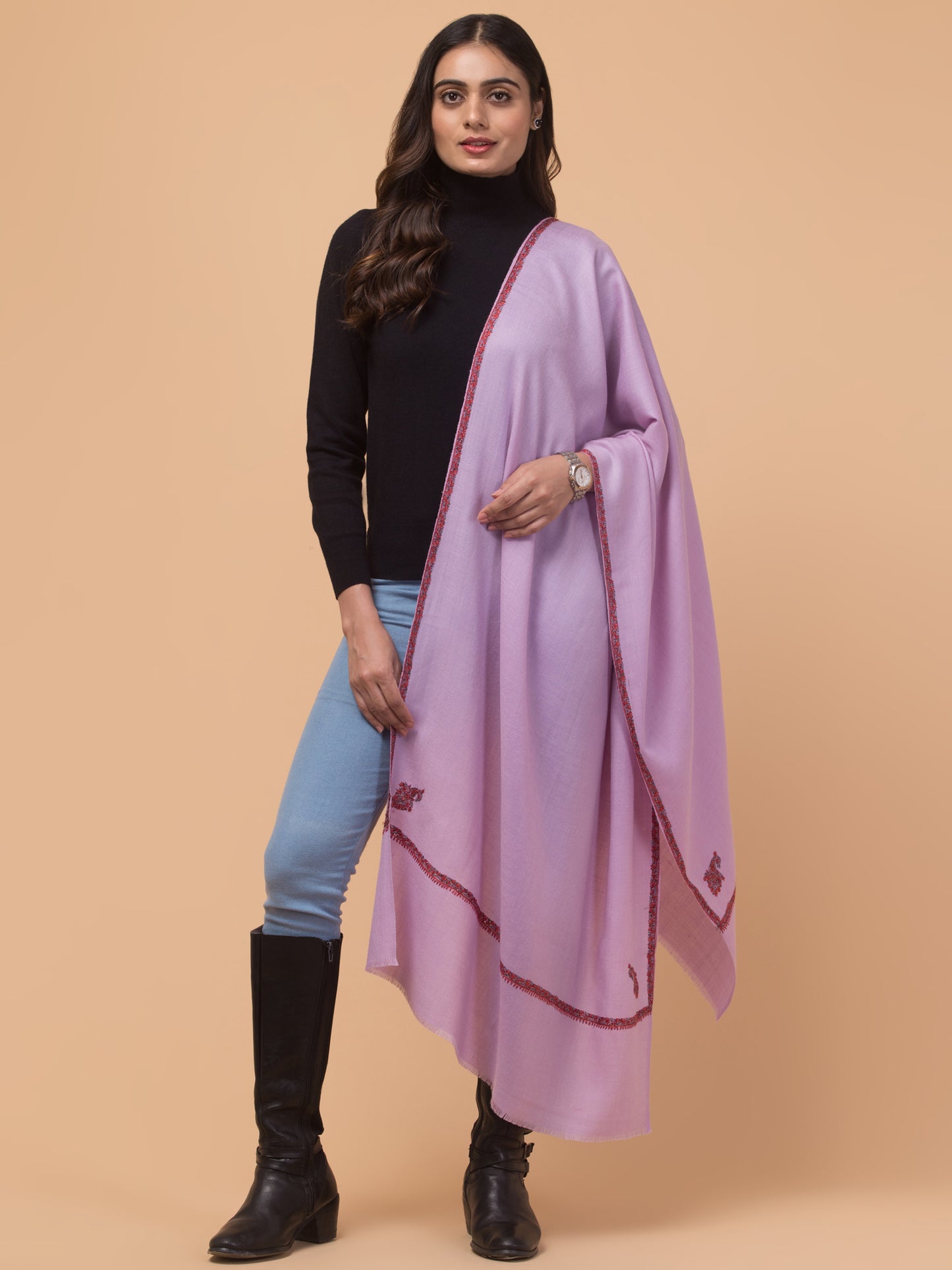 Fine Wool Plain Traditional Kingri Stole with Hand Embroidery Border - Purple