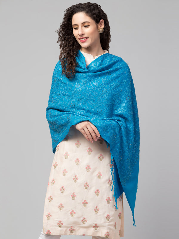 Pure Wool Tone to Tone Kashmiri Embroidery Stole with Stone Work - Sky Blue