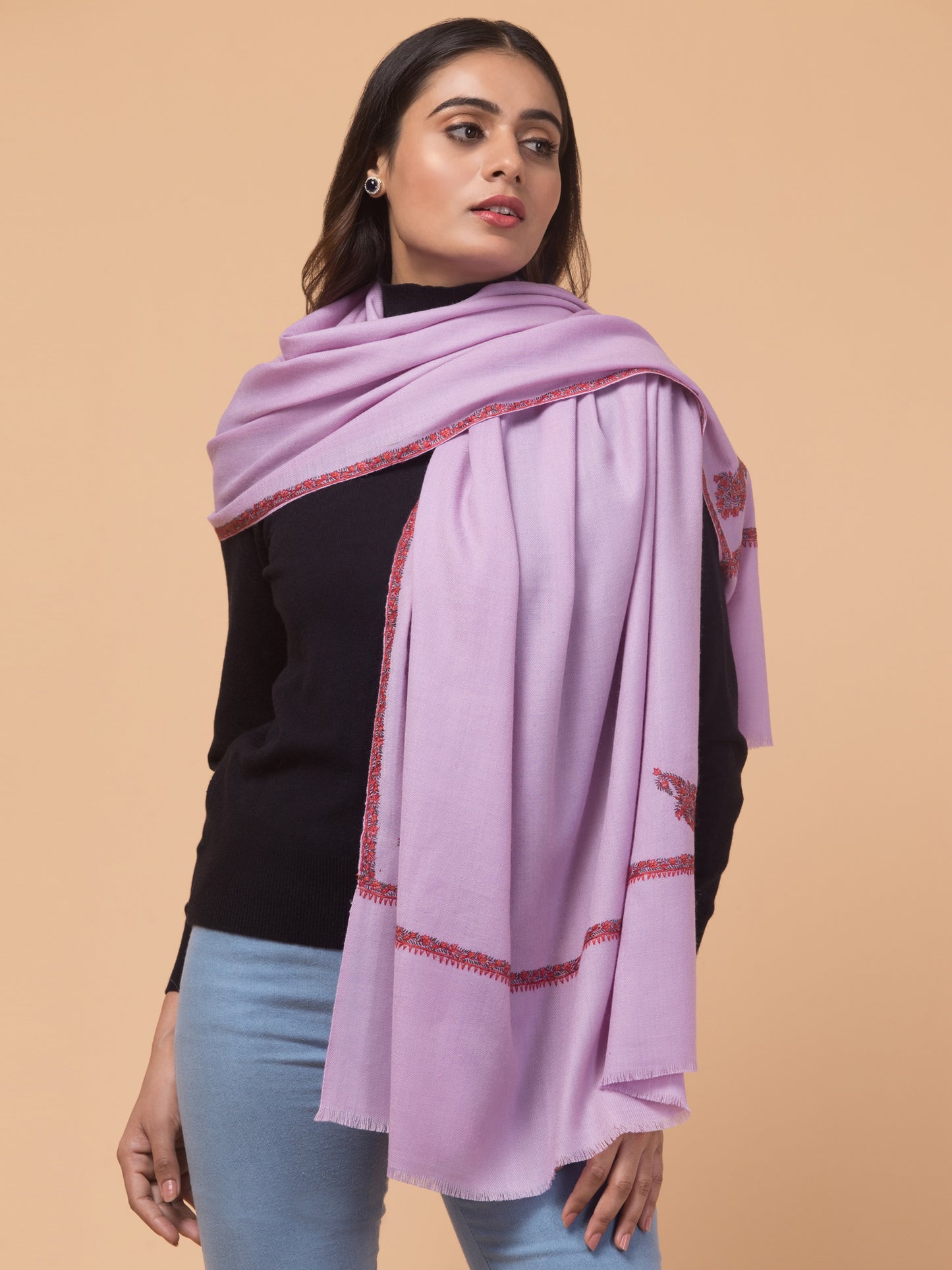 Fine Wool Plain Traditional Kingri Stole with Hand Embroidery Border - Purple