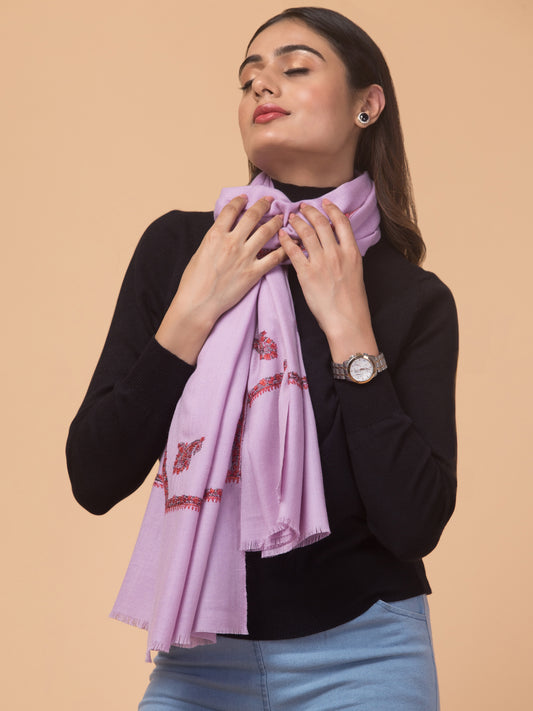 Fine Wool Plain Traditional Kingri Stole with Hand Embroidery Border - Purple