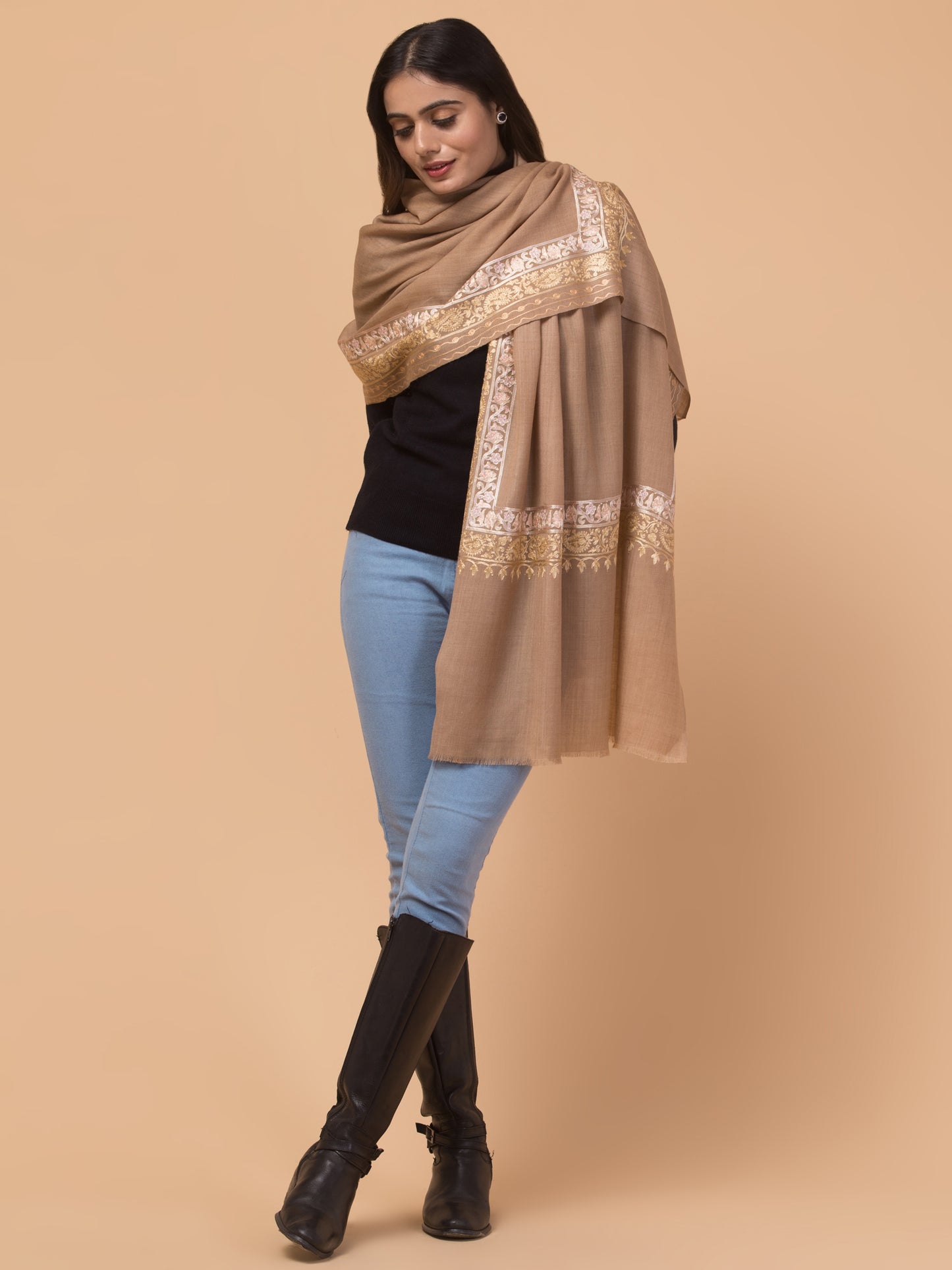 Tweedle Fine Wool Embroidered Stole for Women - Beige, Size -28x80