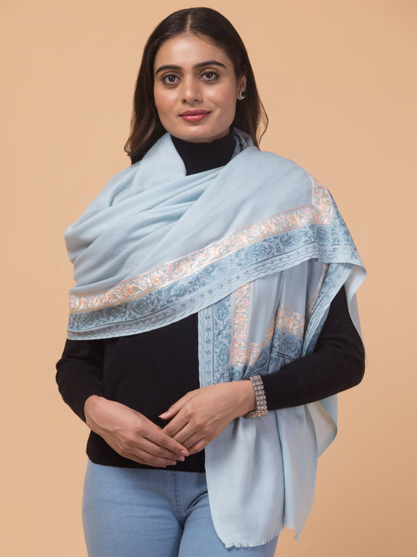 Tweedle Fine Wool Embroidered Stole for Women - Light Blue, Size -28x80
